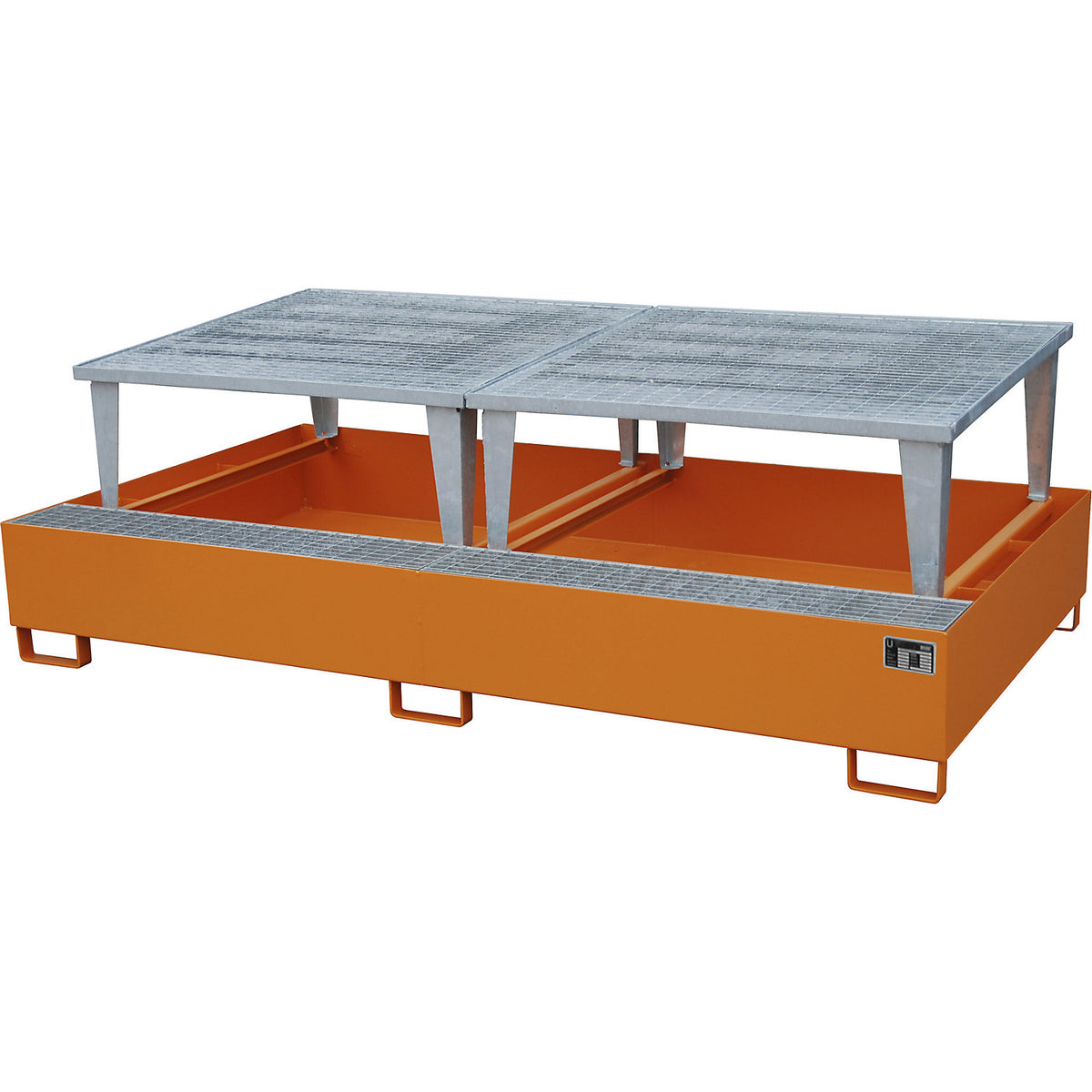 Steel sump tray for IBC / CTC tank containers, LxWxH 2650 x 1460 x 865 mm, with 2 filling attachments, sump capacity 1000 l, painted, orange RAL 2000.