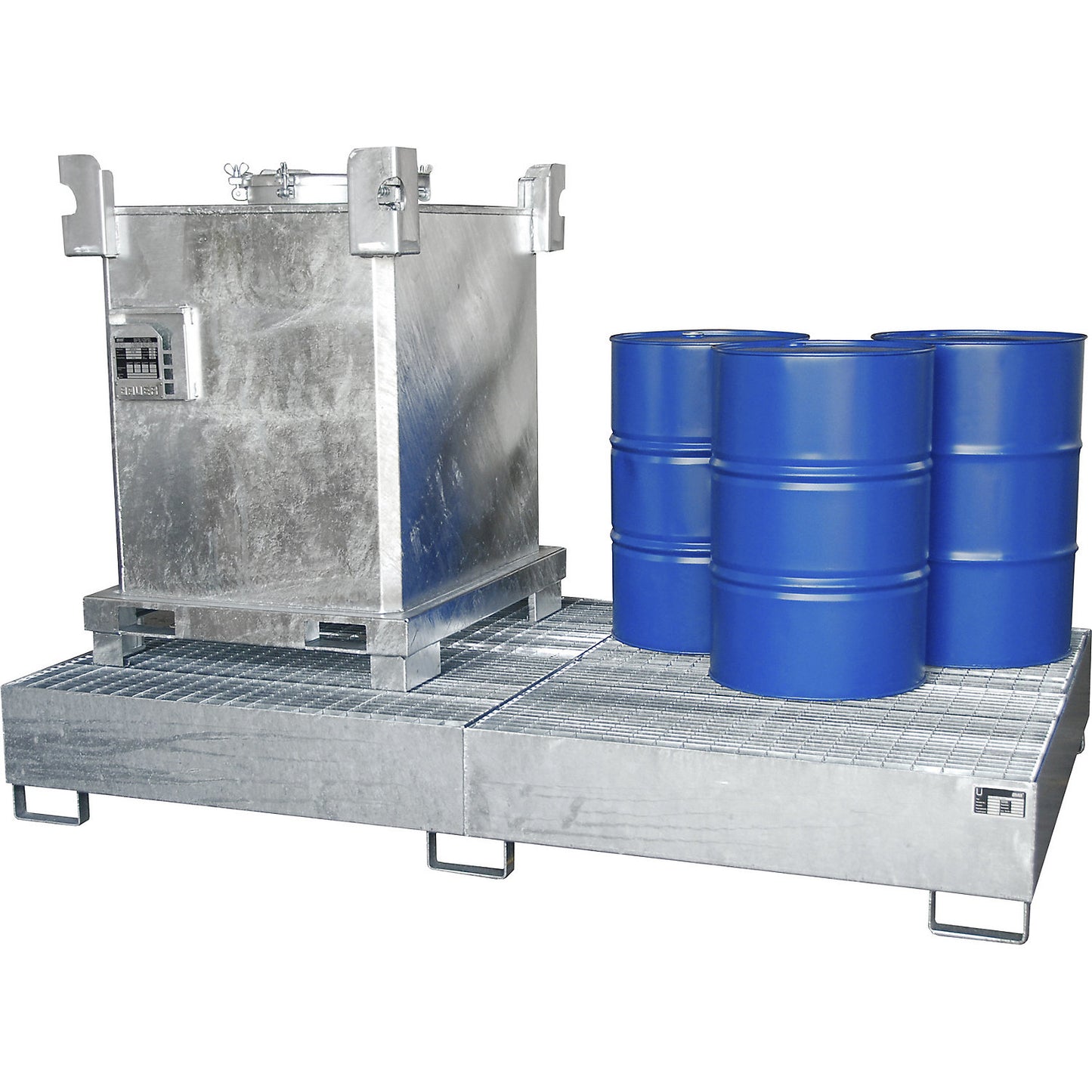 Steel sump tray for IBC/CTC tank containers, LxWxH 2690 x 1650 x 375 mm, sump capacity 1000 l, hot dip galvanised.