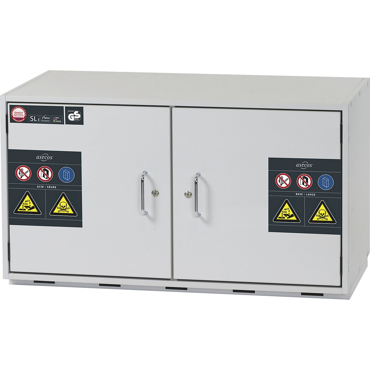 Hazardous goods base cupboard for acids and alkaline solutions, 2-door, HxWxD 600 x 1100 x 570 mm, 4 drawers.