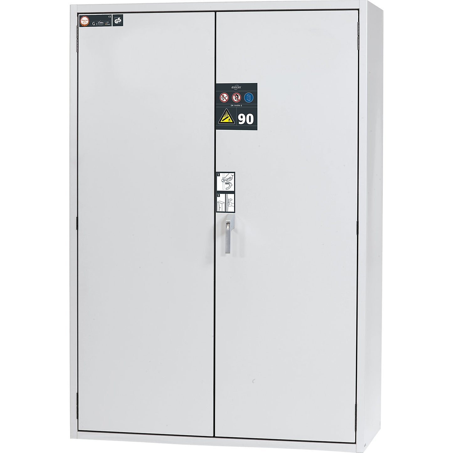 G90 fire-resistant pressurised gas cylinder cupboard, for storage in workrooms, for 4 x 50 l bottles, external width 1400 mm.