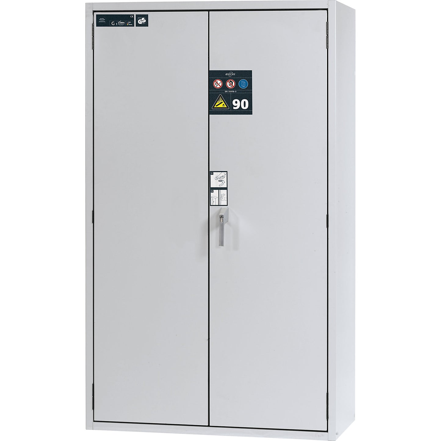 G90 fire-resistant pressurised gas cylinder cupboard, for storage in workrooms, for 4 x 50 l bottles, external width 1200 mm.