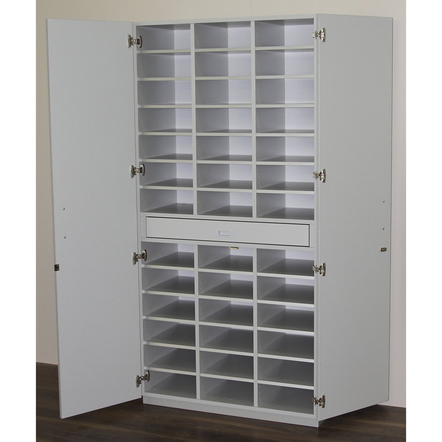 Sorting cupboard with hinged doors and sorting table, HxWxD 1864 x 913 x 440 mm, 39 compartments, light grey RAL 7035.