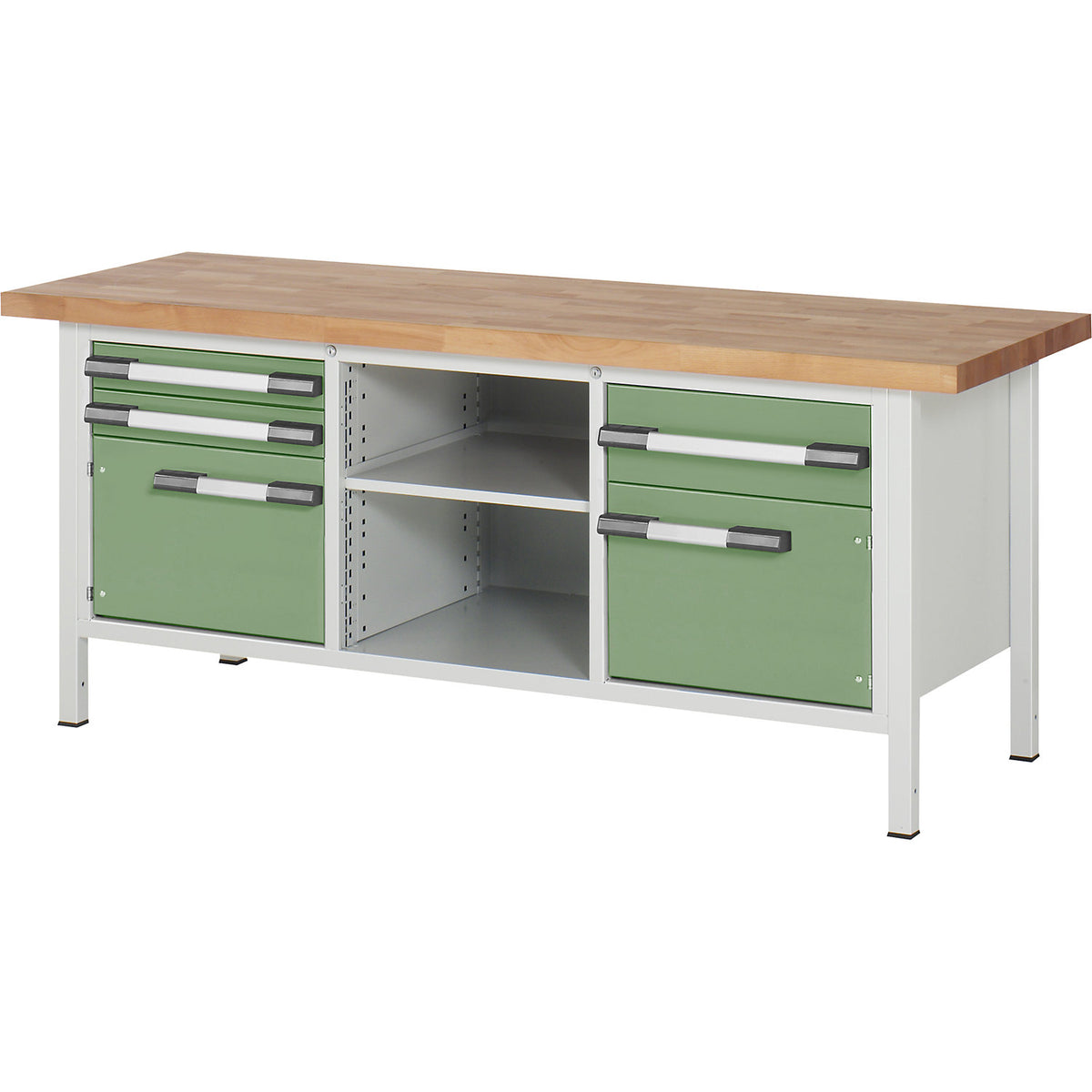 Height-adjustable workbench, frame construction, 3 drawers, 2 doors, 2 shelves, width 2000 mm, light grey / green.