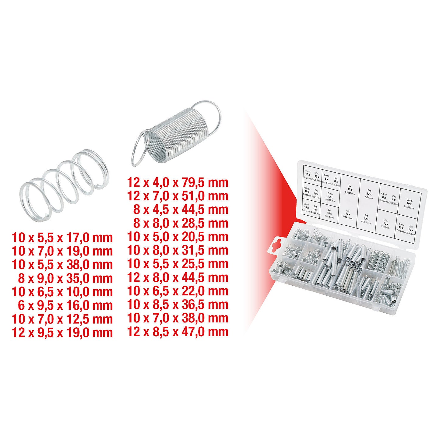 Assortment of springs, 200 parts, in a plastic case.
