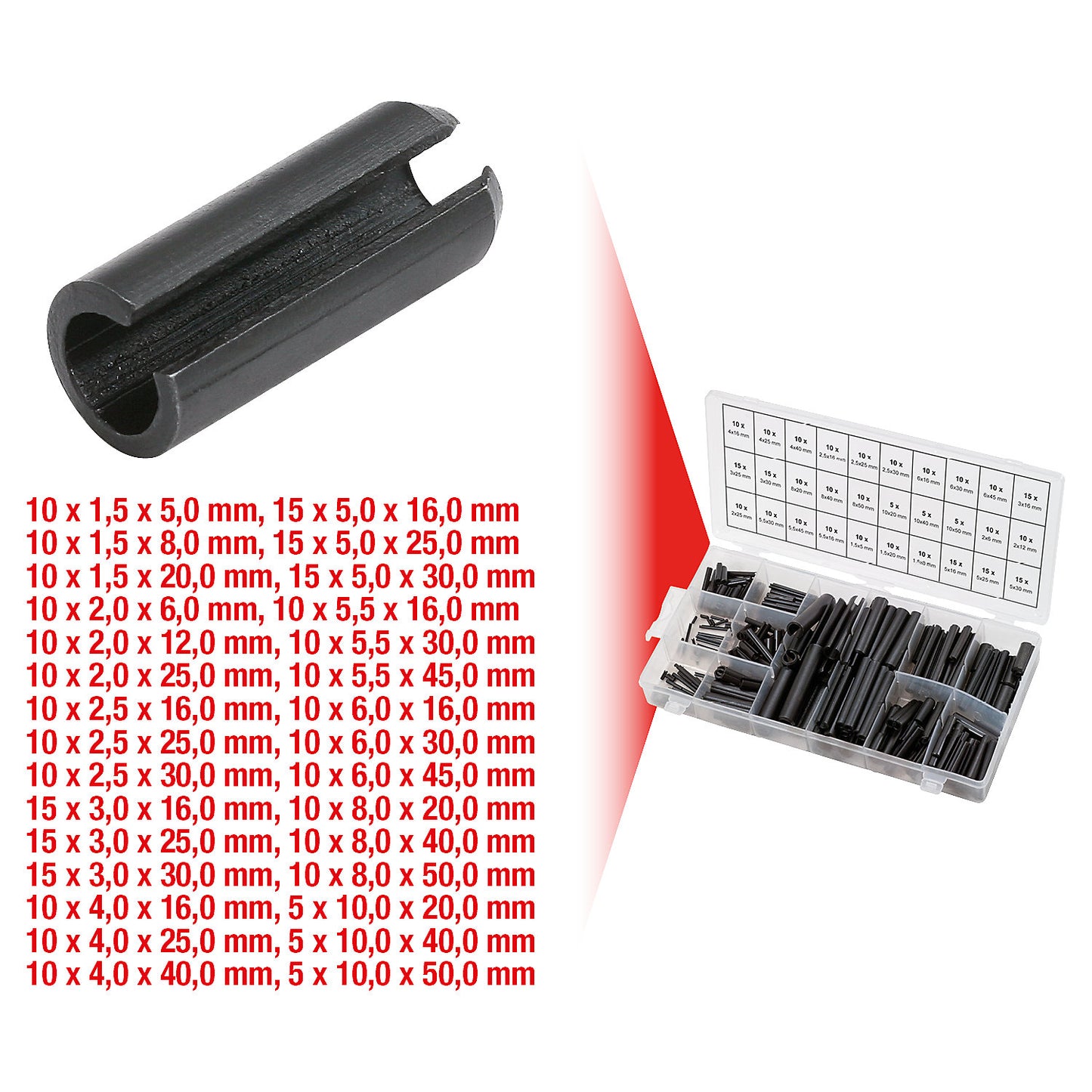Assortment of roll pins, 315 parts, DIN 1481.