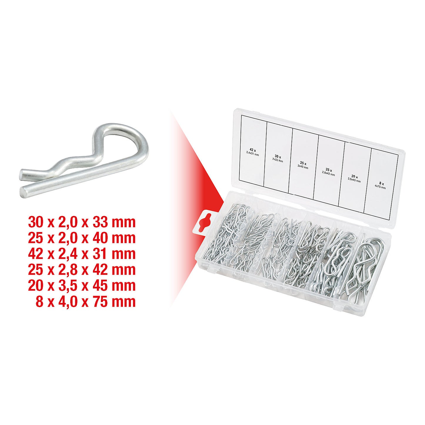 Assortment of spring split pins, 150 parts, 1.8 x 33 - 3.9 x 75 mm.