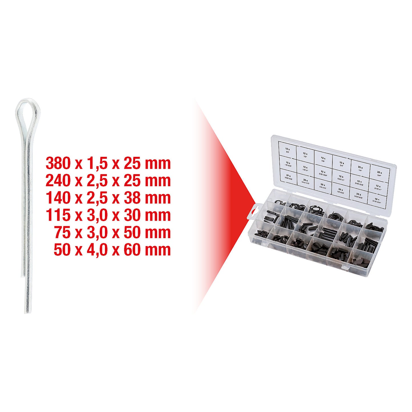 Assortment of split pins, 1000 parts, DIN 94.