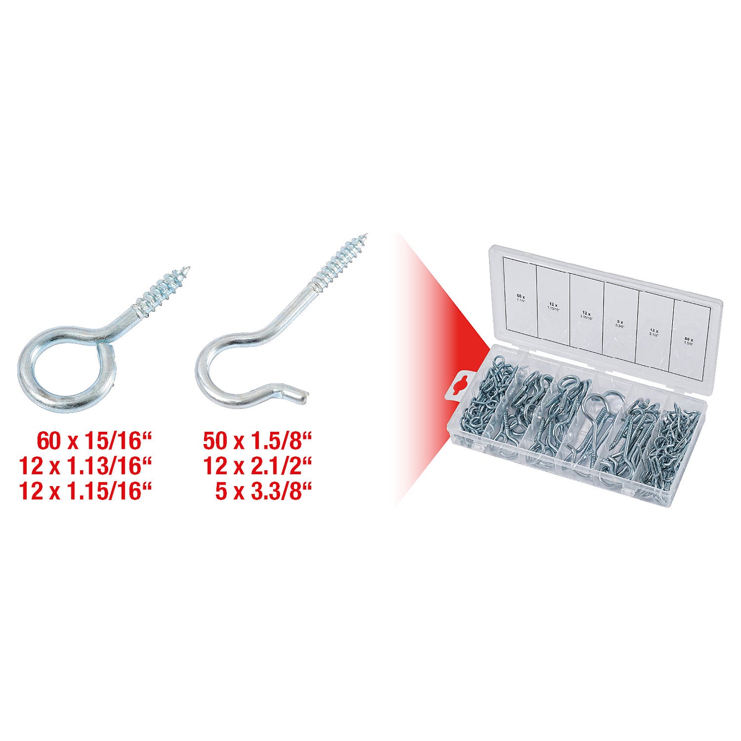 Assortment of clip bolts and eye bolts, 151 parts, in a plastic case.