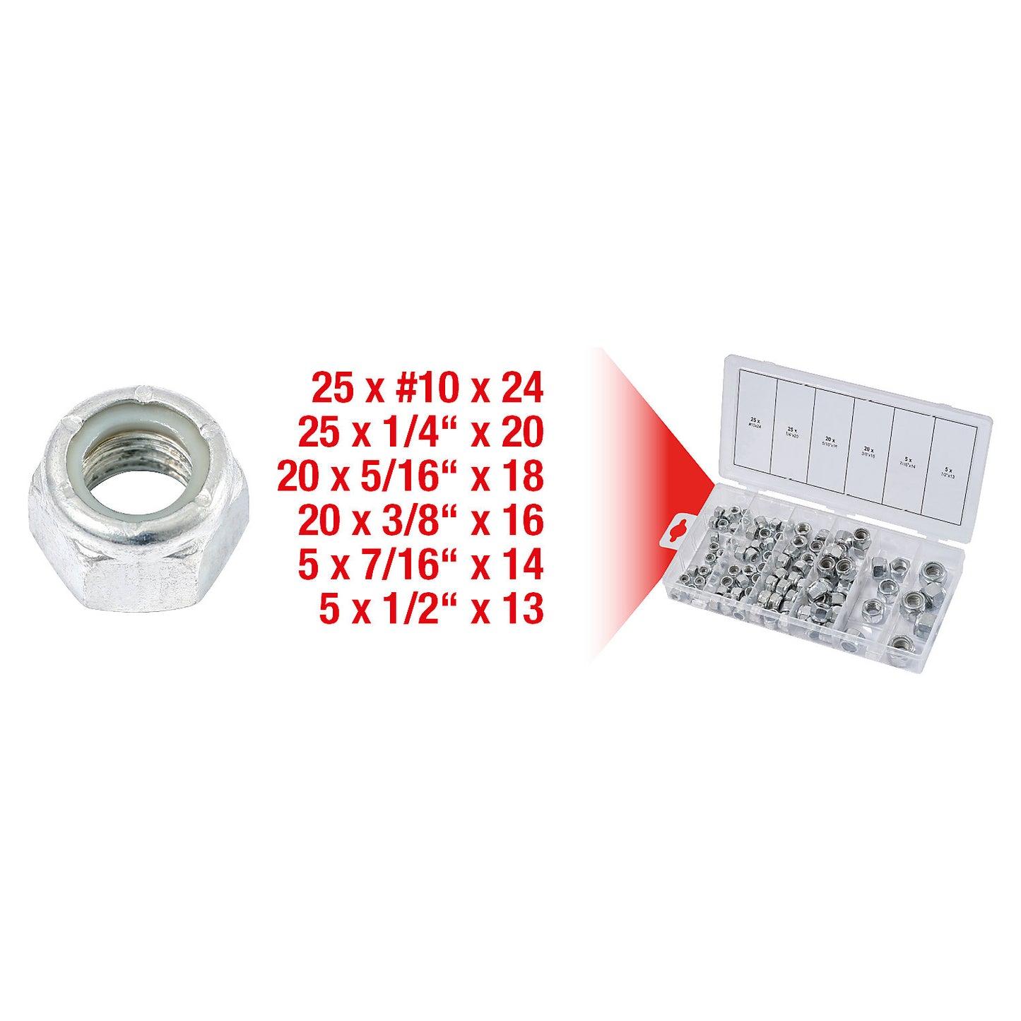 Assortment of nuts, UNC, 100 parts, self-locking.