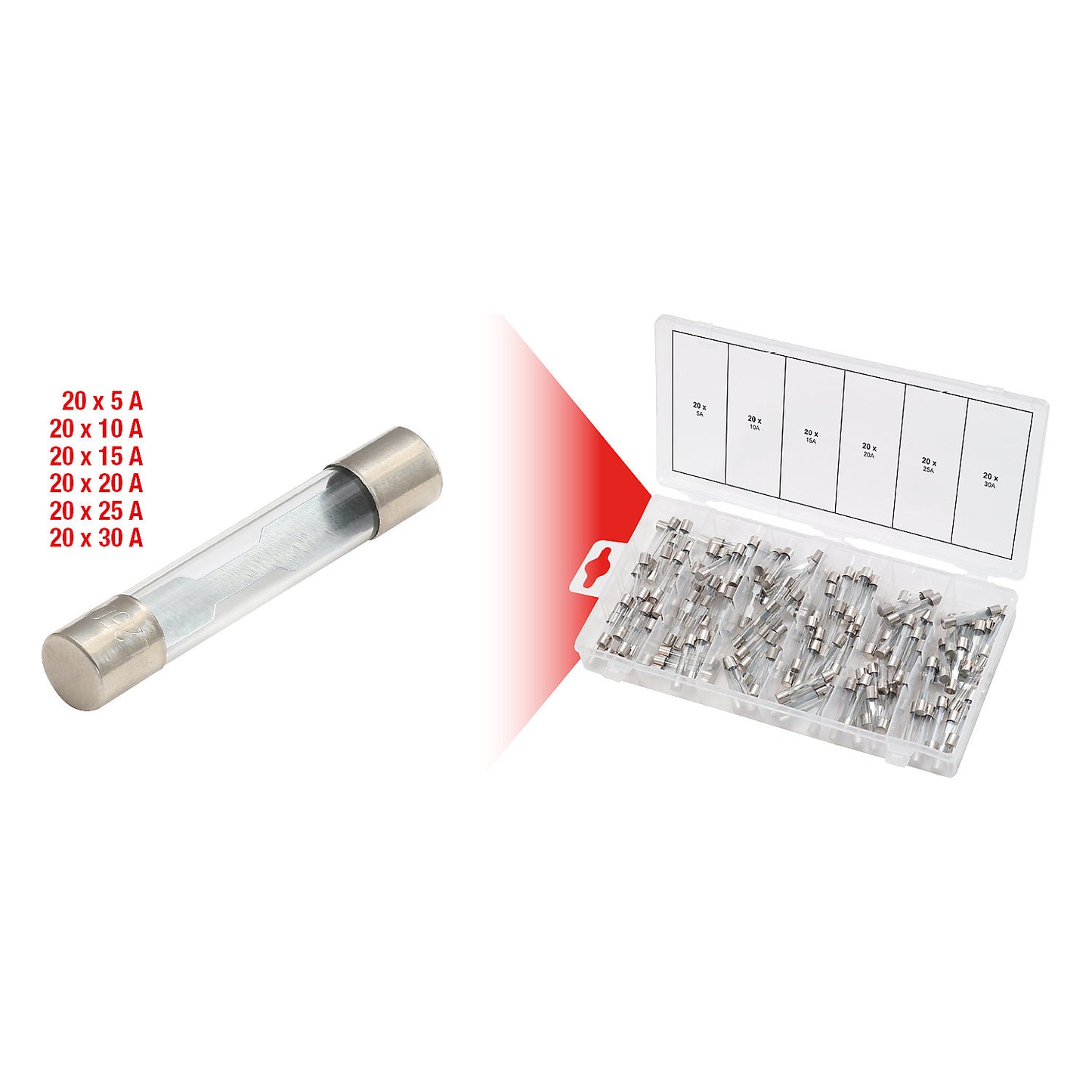 Assortment of glass fuses, 120 parts, 5 - 30 A.
