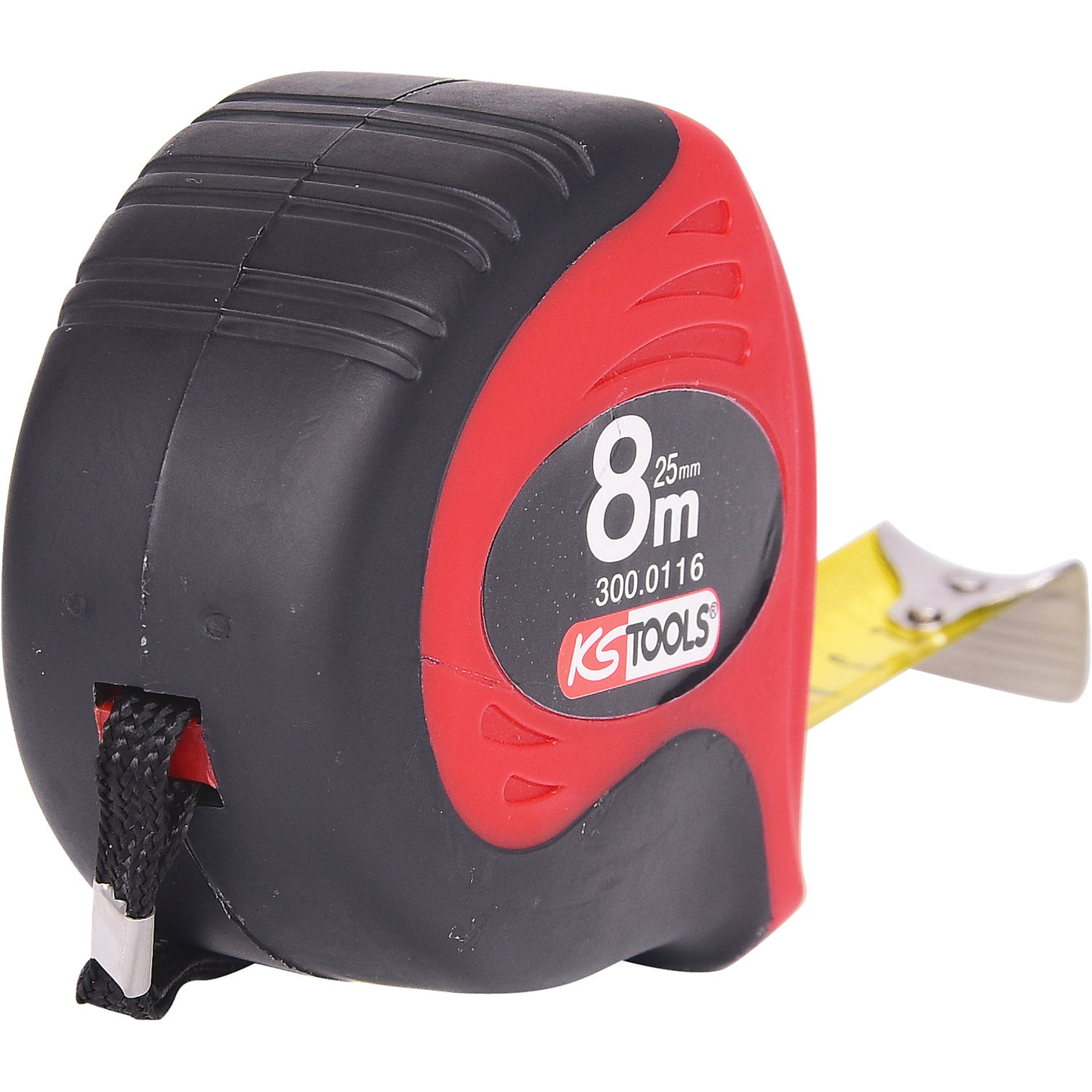 Measuring tape with stop, black / red, length 8 m, tape width 25 mm.