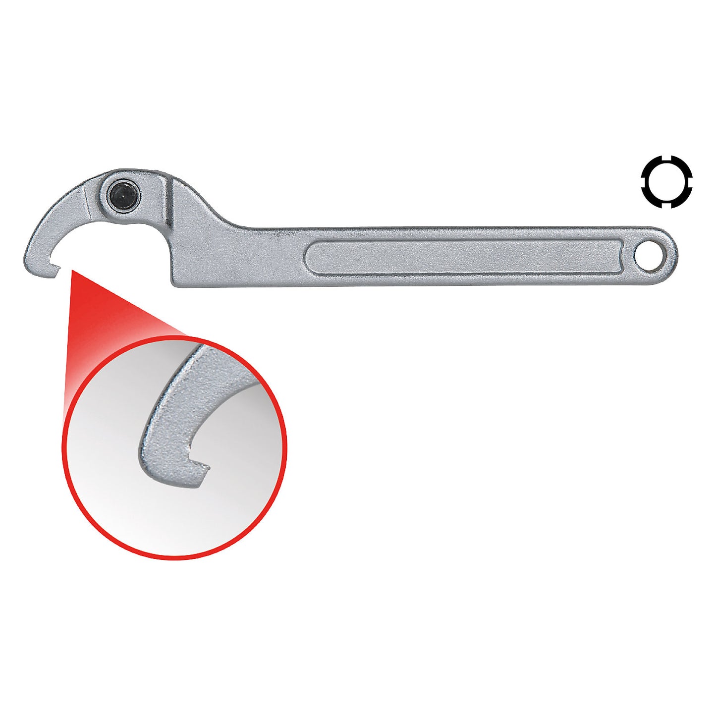 Flexible hook spanner with nose, widths 80 - 120 mm, for slotted nuts.