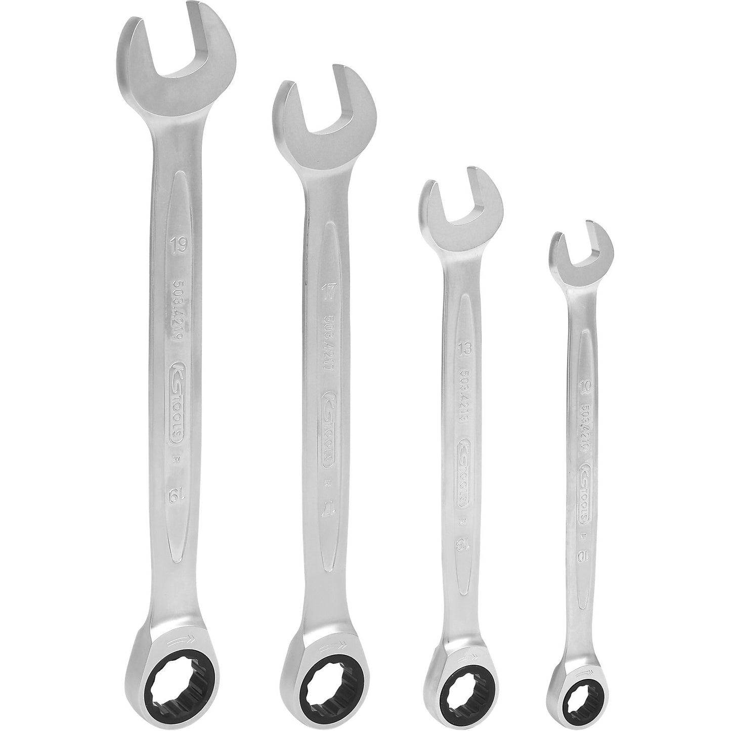 GEARplus ratcheting spanner set, flank traction, 4 parts, widths 10 - 19 mm.