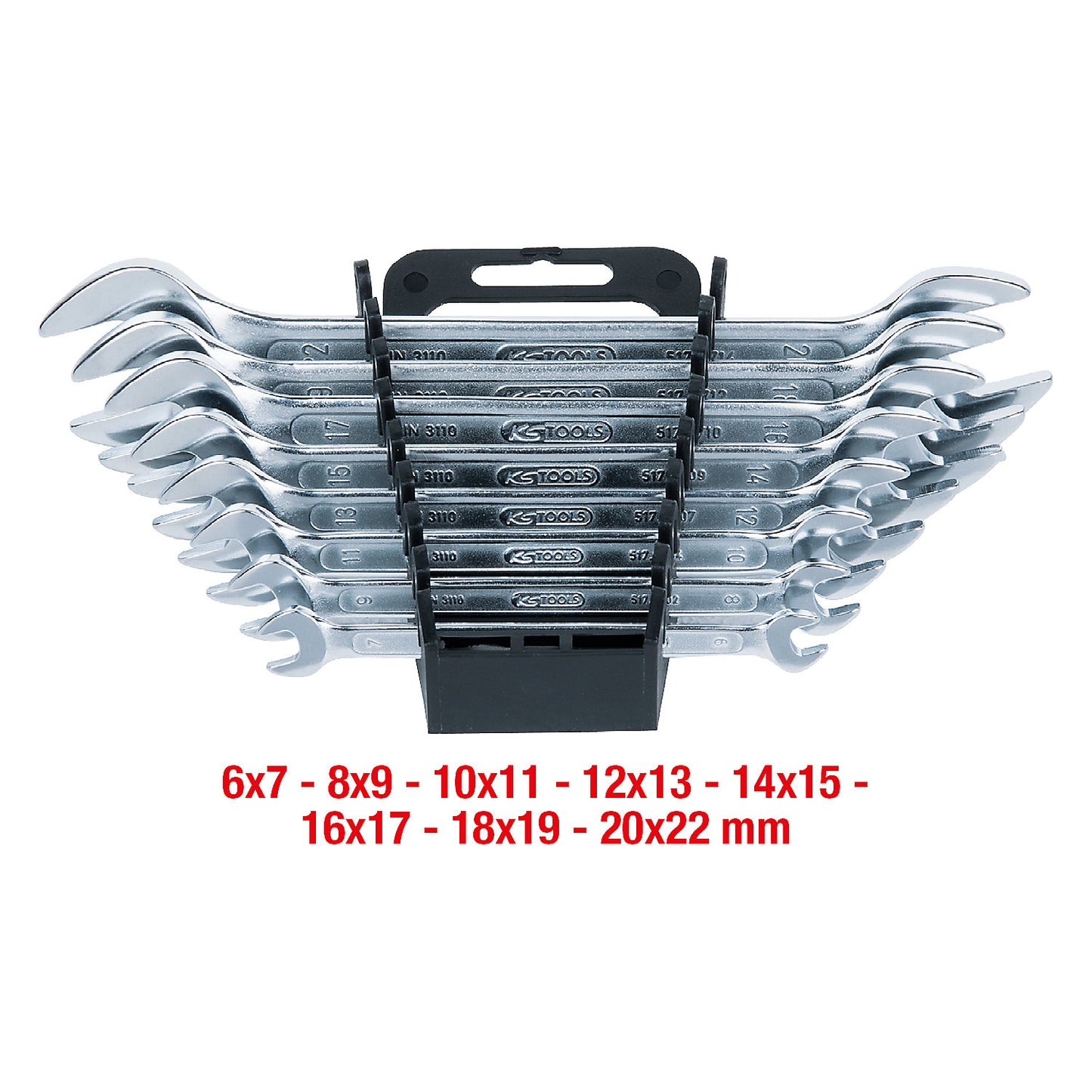 Double open ended spanner set, 6 x 7 - 20 x 22 mm, 8 parts.