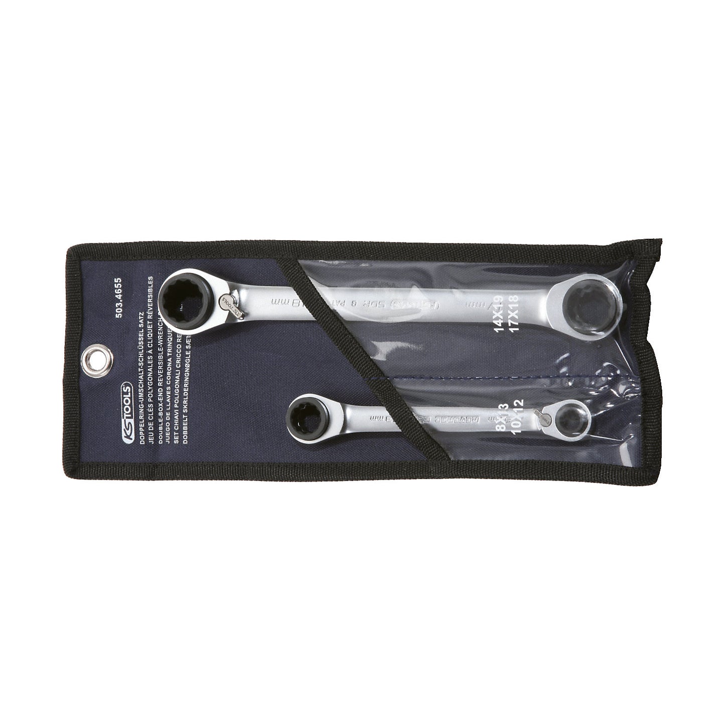 4 in 1 GEARplus reversing double ratchet ring spanner set, 2 parts, widths 8 - 19 mm.