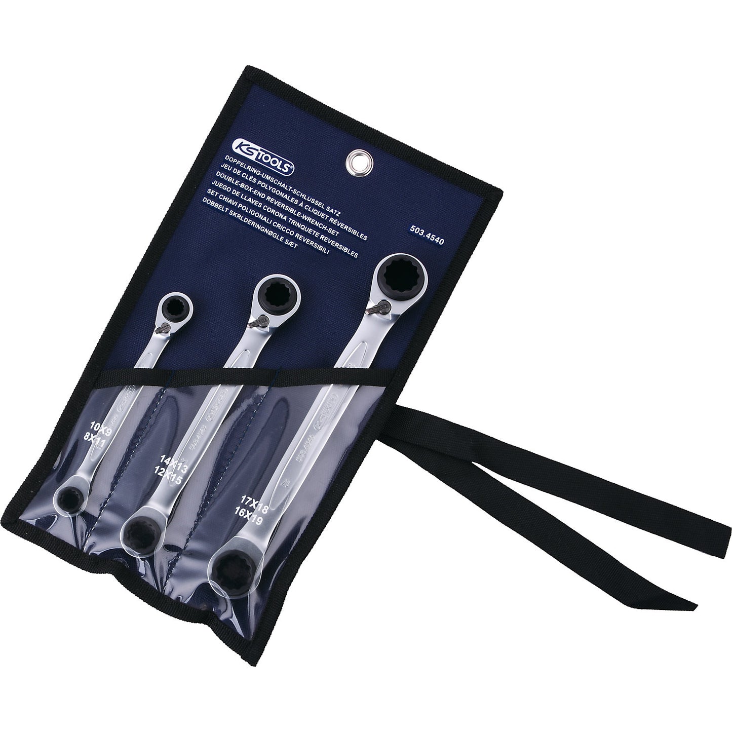 4 in 1 GEARplus reversing double ratchet ring spanner set, 3 parts, widths 8 - 19 mm.