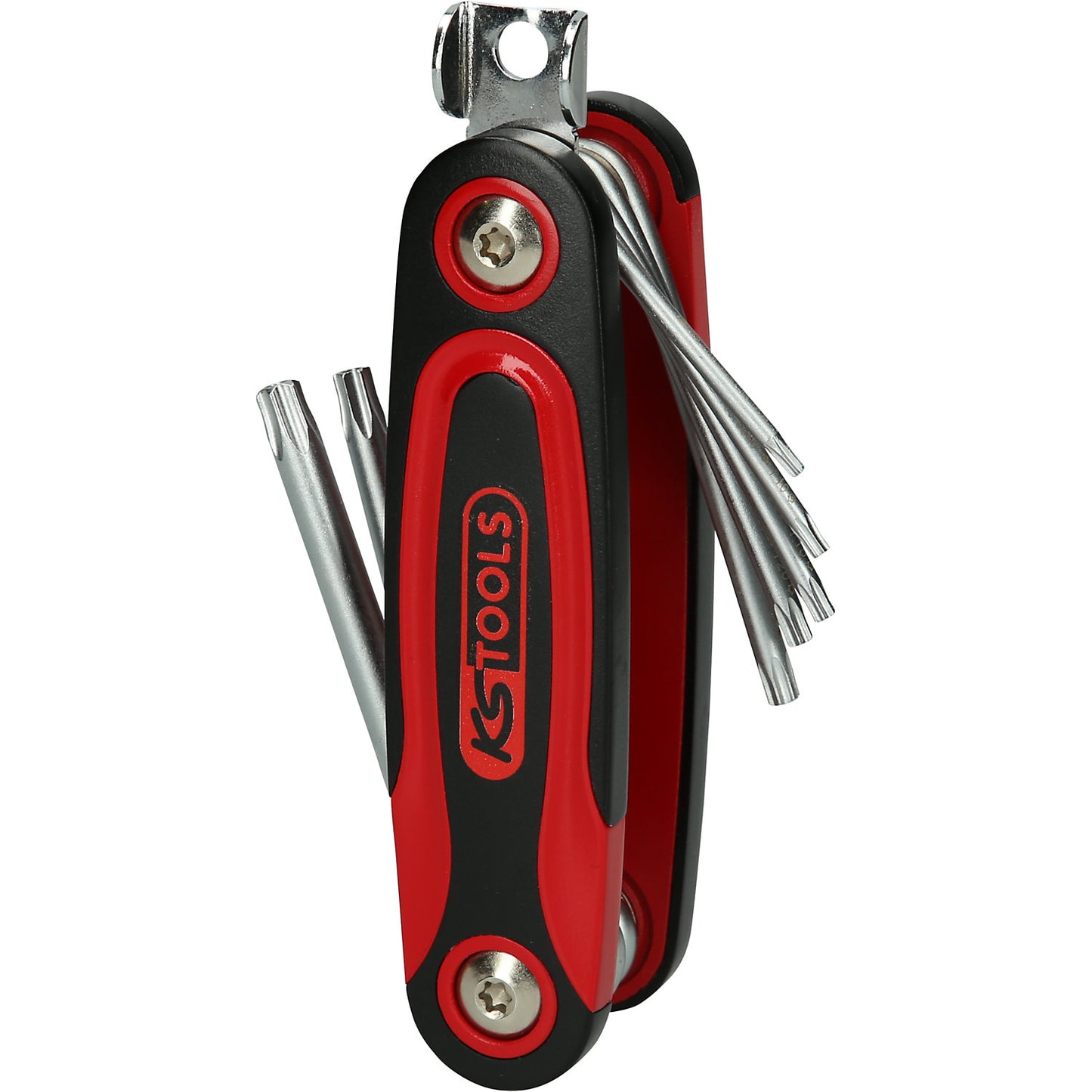 Angle key wrench in folding holder, tamper resistant Torx, 8 parts.