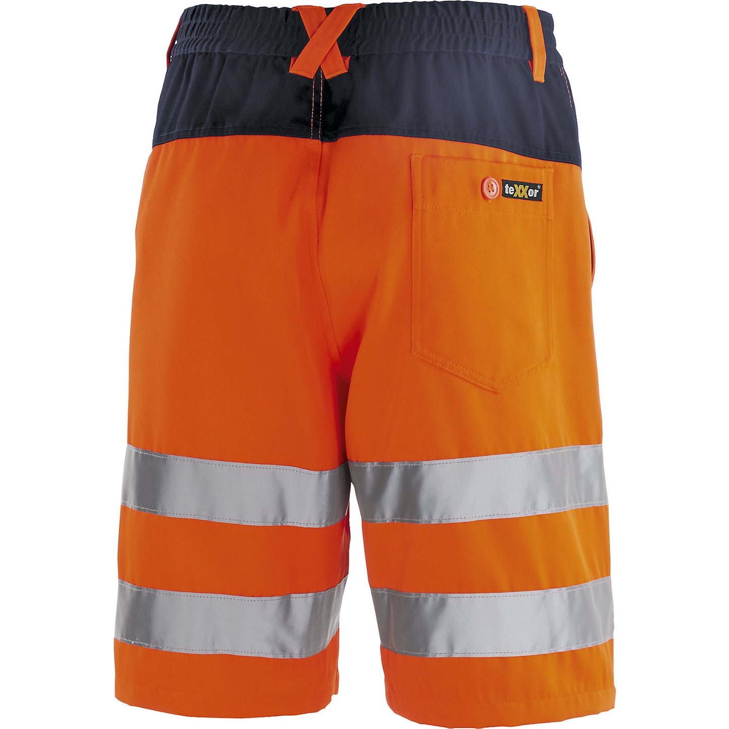 High-visibility shorts, luminous orange / navy, size 46.