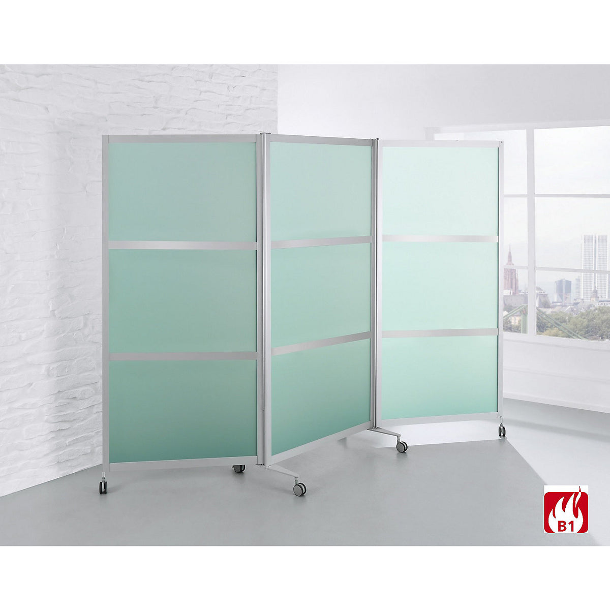 Mobile folding display panel, flame retardant, aluminium frame with single pane safety glass, HxWxD 1900 x 2800 x 450 mm, satin finish.