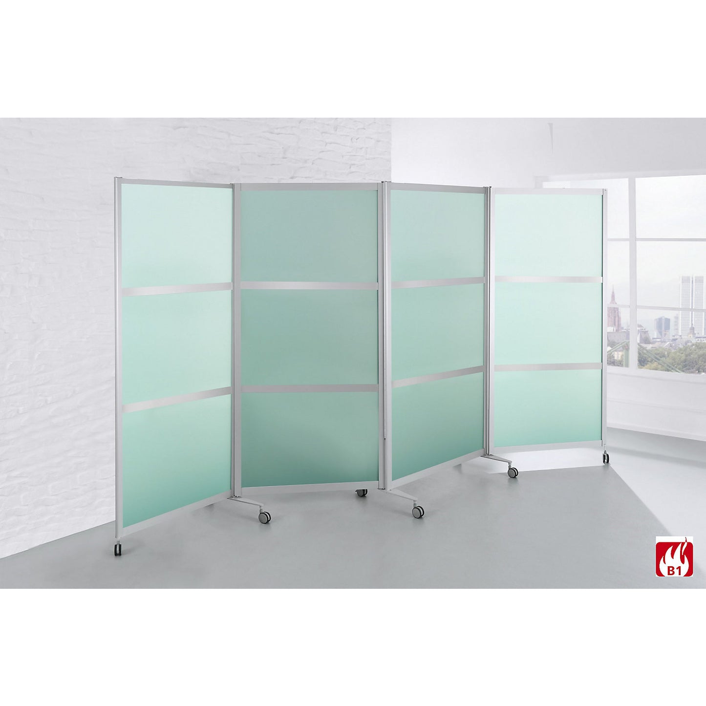 Mobile folding display panel, flame retardant, aluminium frame with single pane safety glass, HxWxD 1900 x 3700 x 450 mm, satin finish.