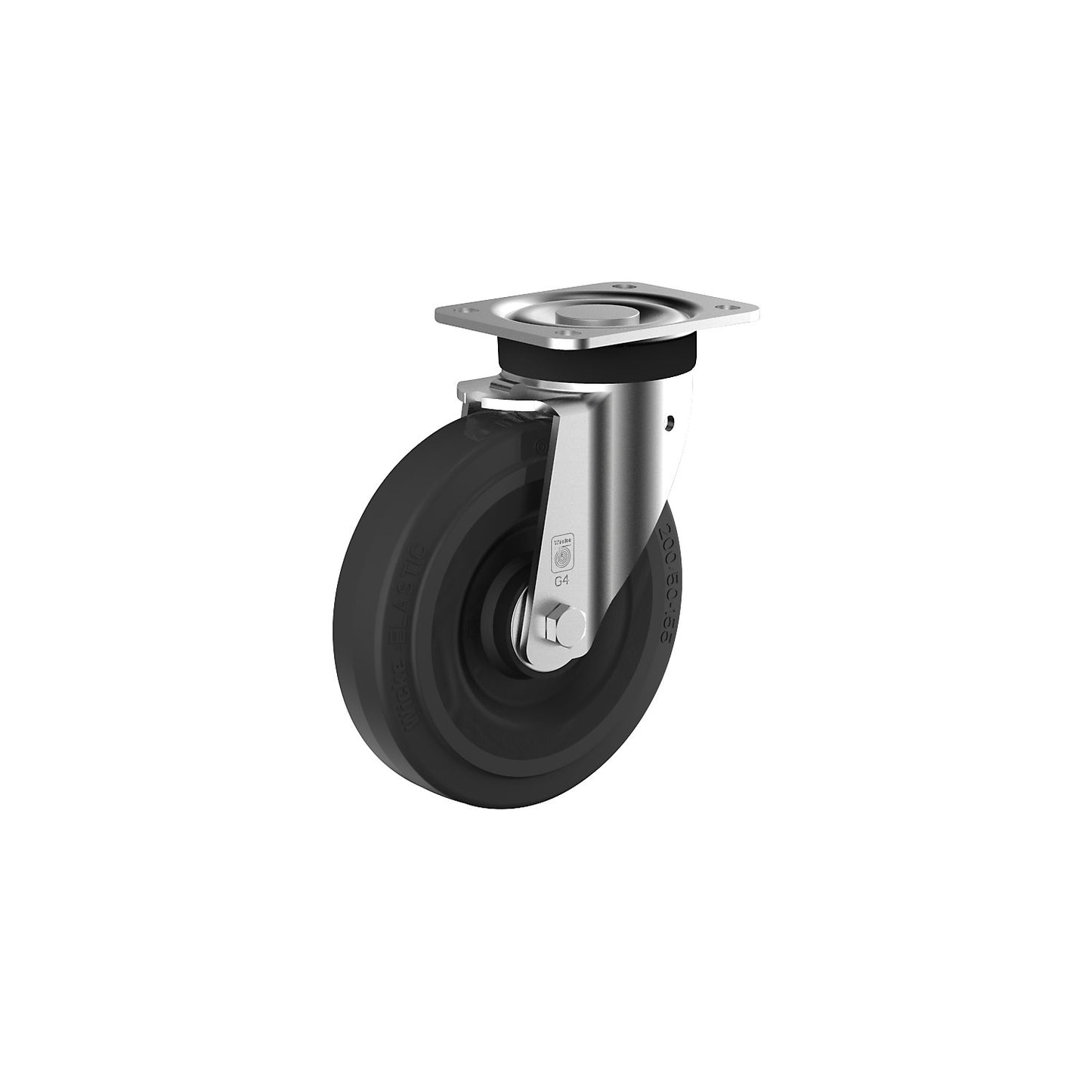 Elastic solid rubber wheel on steel rim, wheel Ø x width 200 x 50 mm, swivel castor.