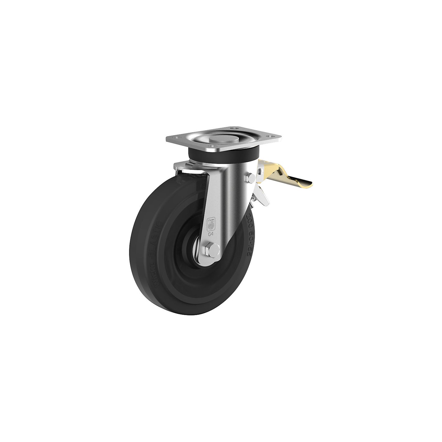 Elastic solid rubber wheel on steel rim, wheel Ø x width 200 x 50 mm, swivel castor with double stop.
