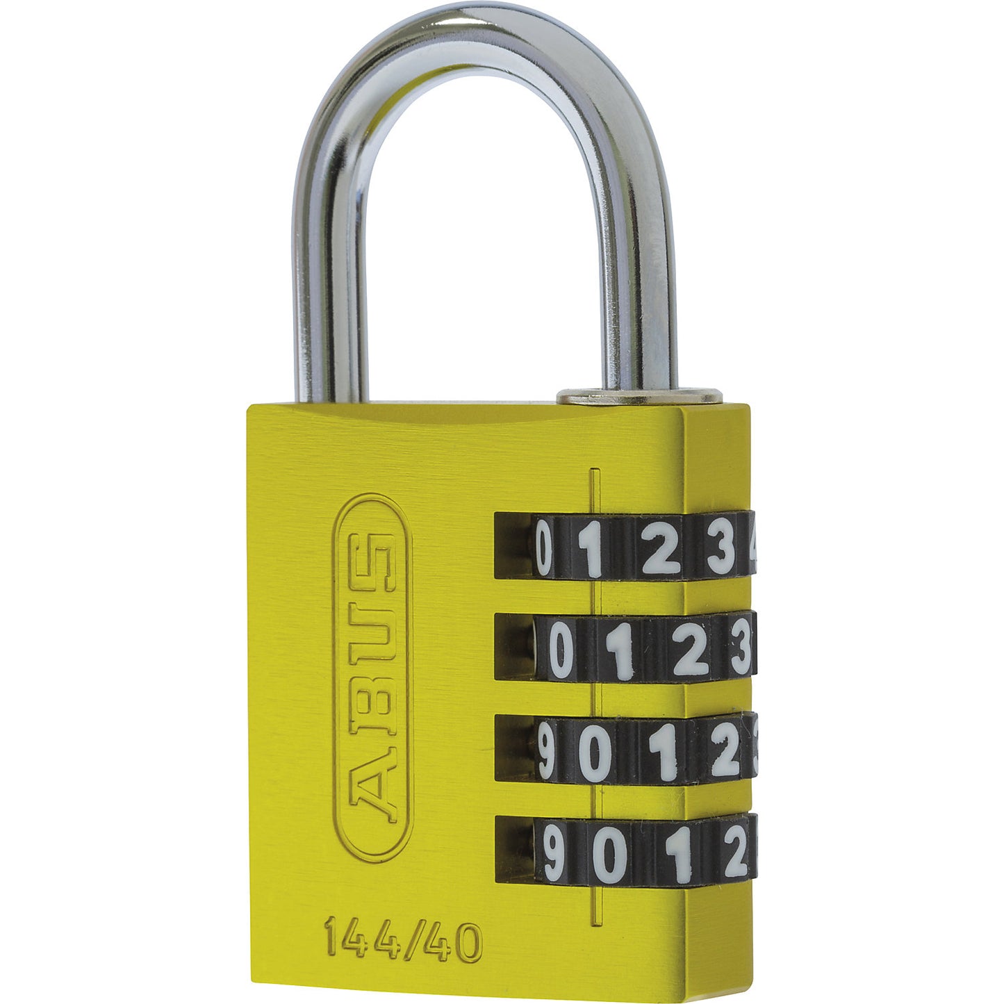 Combination lock, aluminium, with adjustable code, 144/40, pack of 6, yellow.