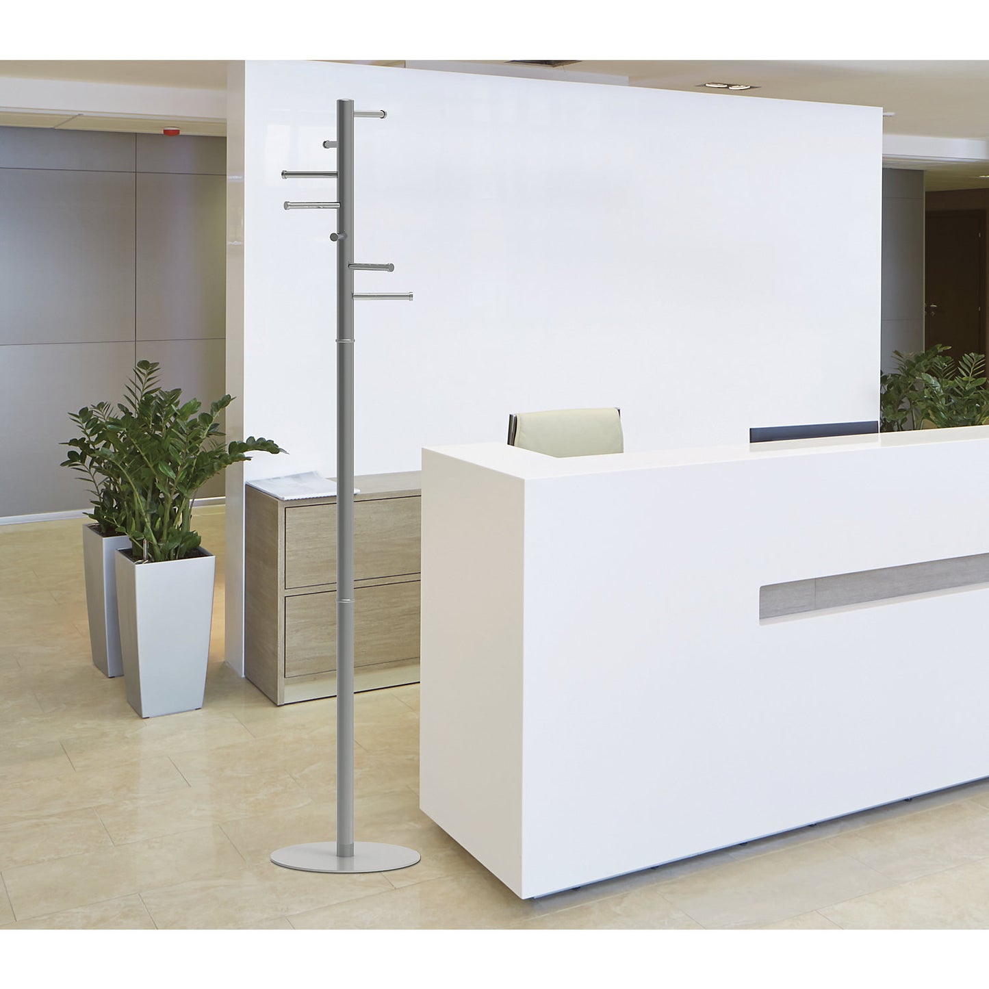MAULcalima coat stand, height 1770 mm, column Ø 40 mm, 7 hooks, base Ø 350 mm, light silver.