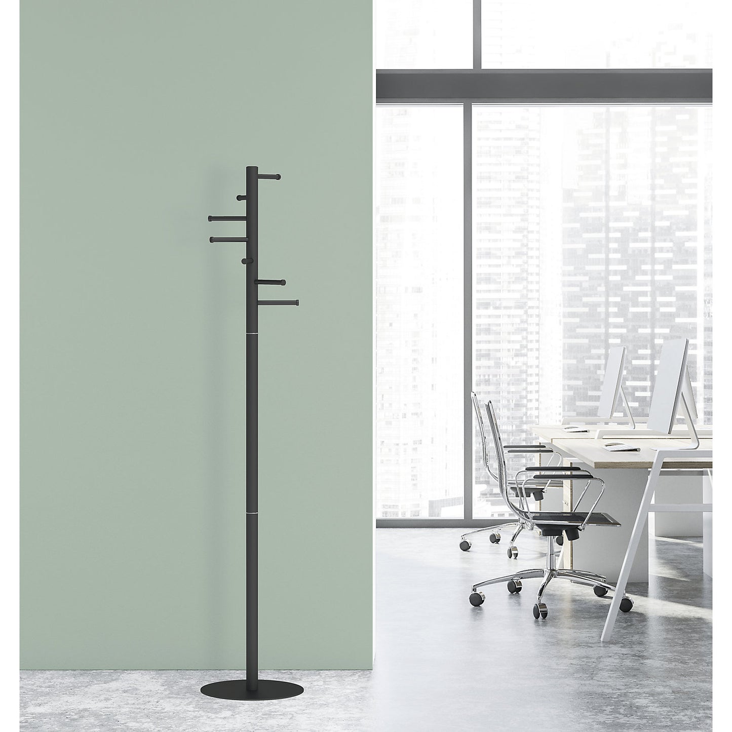 MAULcaurus coat stand, height 1770 mm, column Ø 40 mm, 7 hooks, matt black.