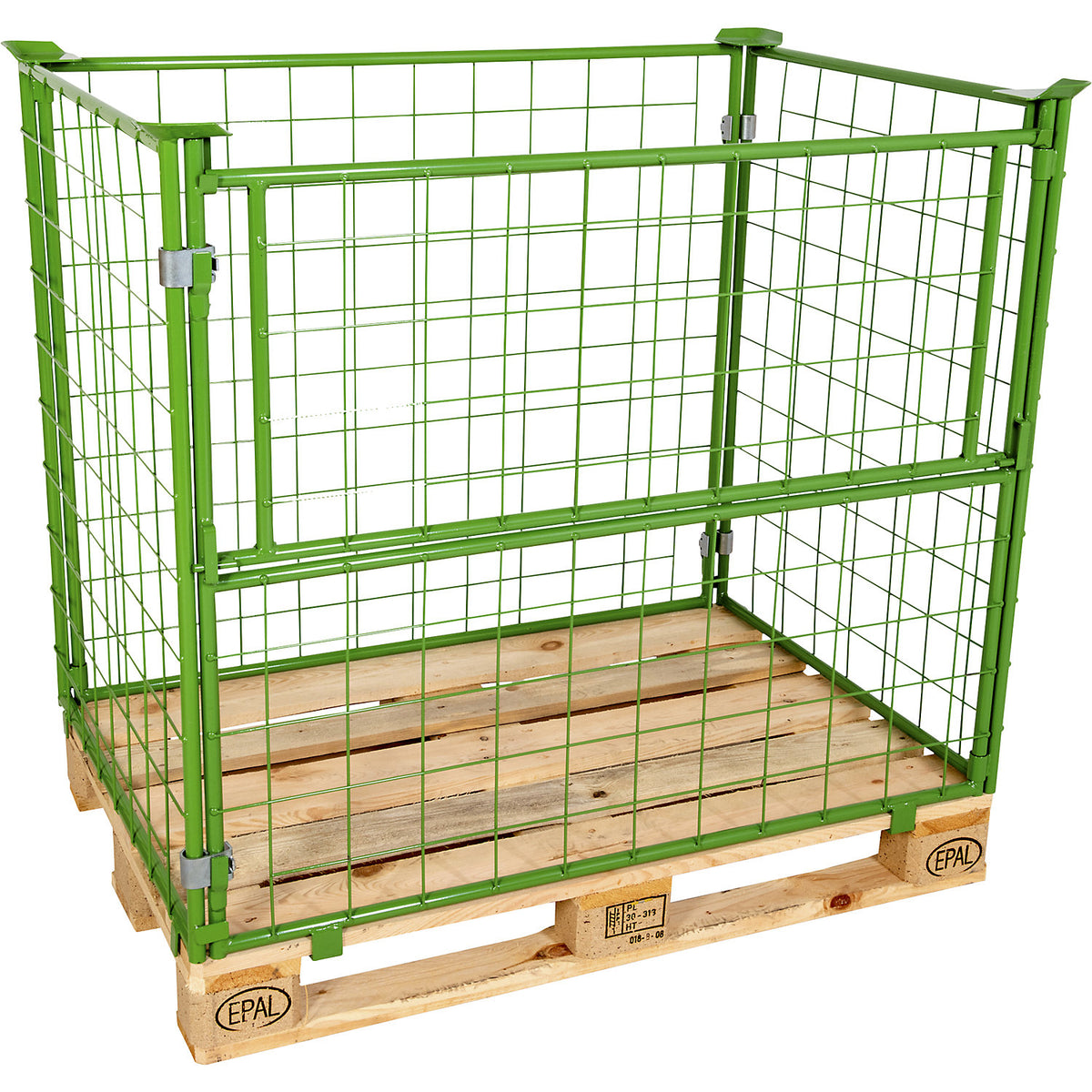 Mesh pallet collar, long side half folding, for stacking, for pallets 1200 x 800, H 1200 mm, green.