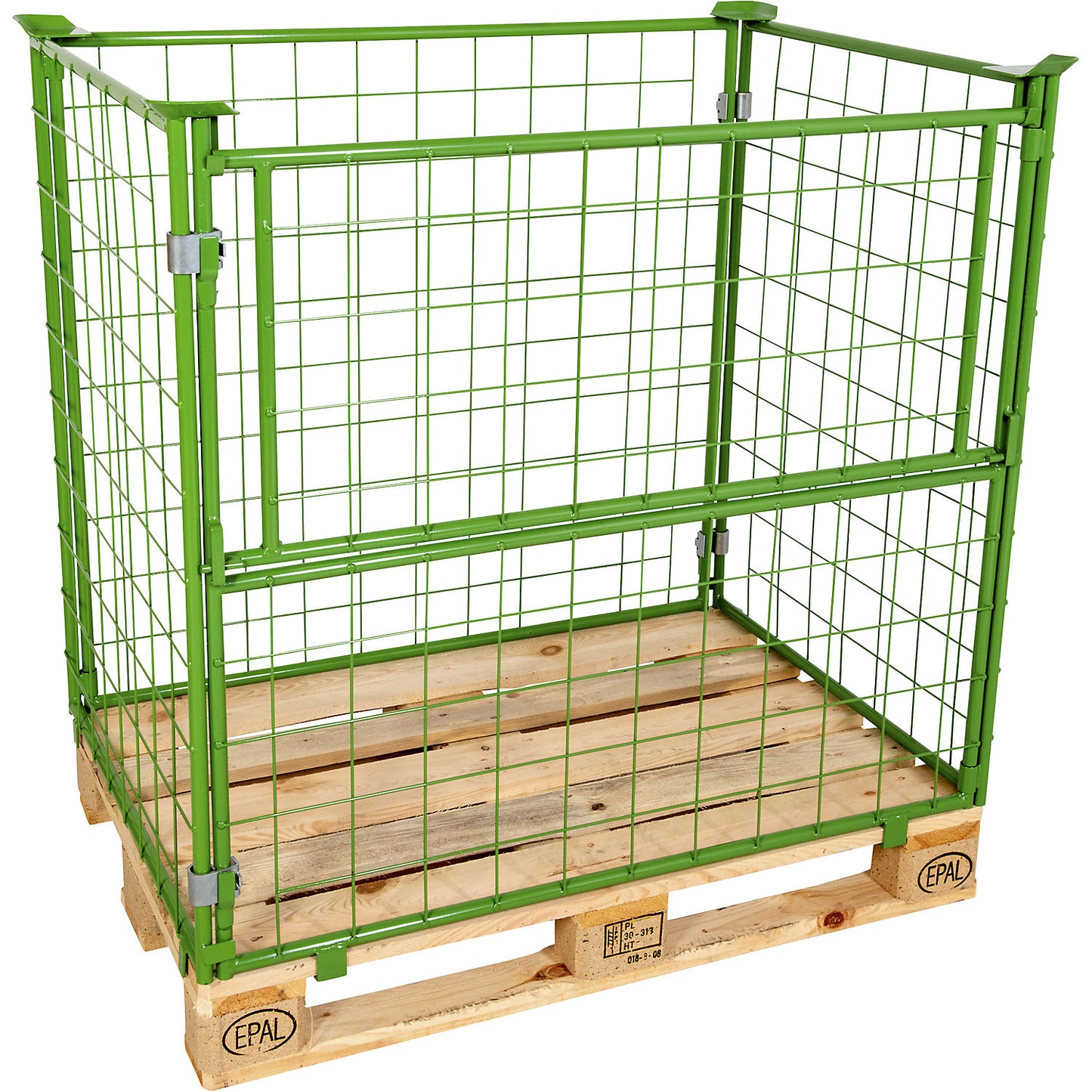 Mesh pallet collar, long side half folding, for stacking, for pallets 1200 x 800, H 1600 mm, green.