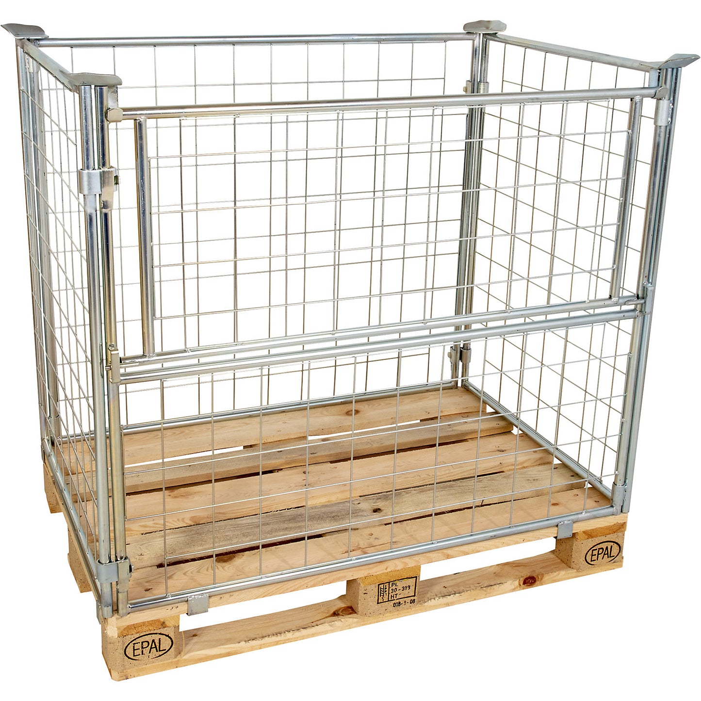 Mesh pallet collar, long side half folding, for stacking, for pallets 1200 x 800, H 1200 mm, zinc plated.