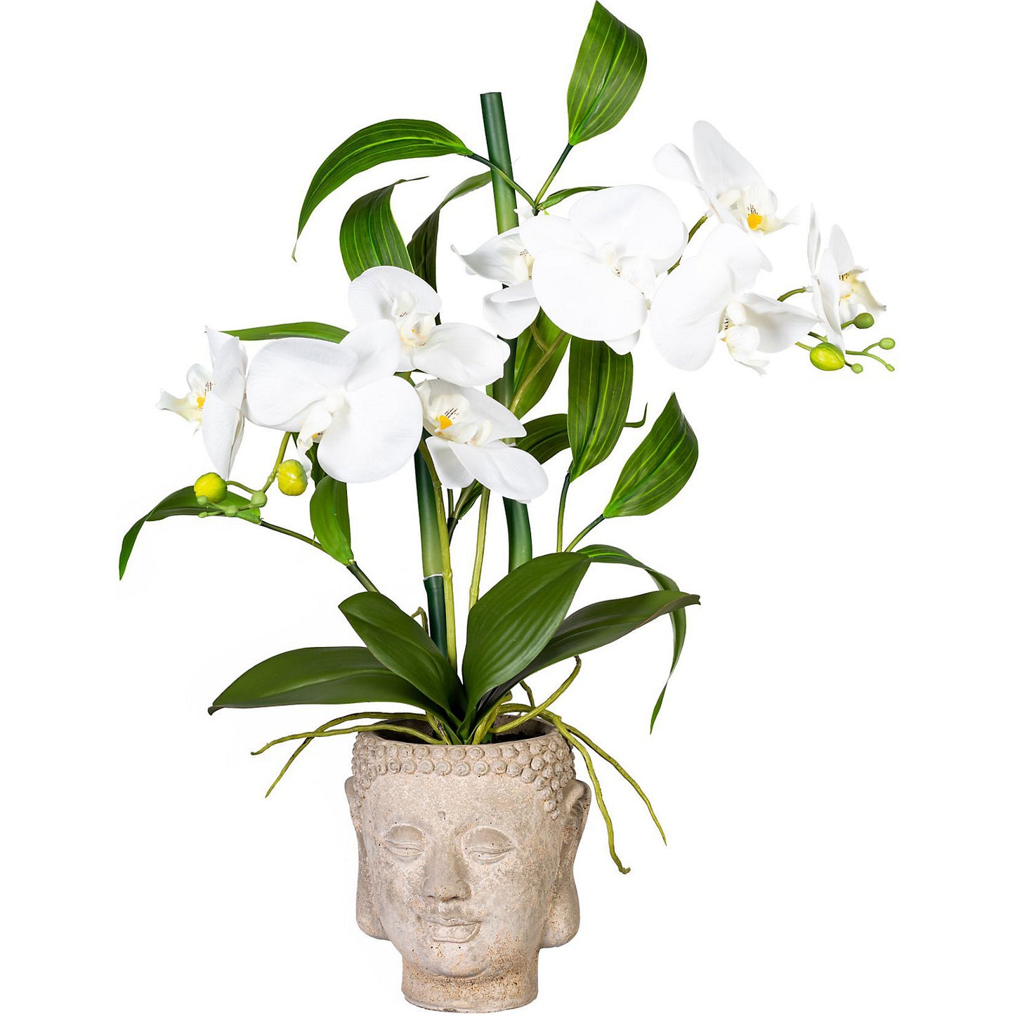 Orchid bamboo arrangement, in a Buddha cement pot, white, real touch, height approx. 600 mm.