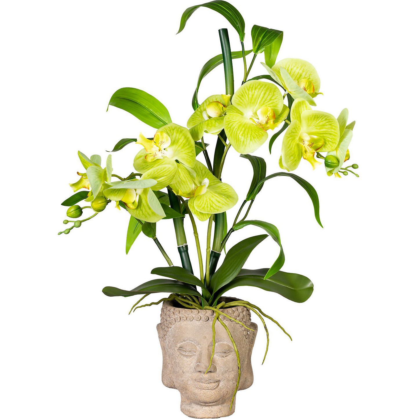 Orchid bamboo arrangement, in a Buddha cement pot, green, real touch, height approx. 600 mm.