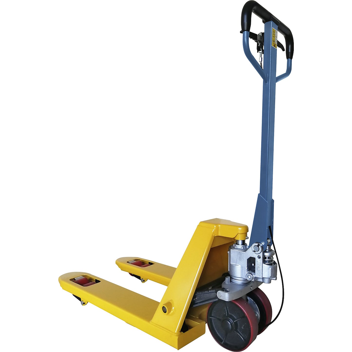 Pallet truck with brake, max. load 2500 kg, fork length 800 mm.