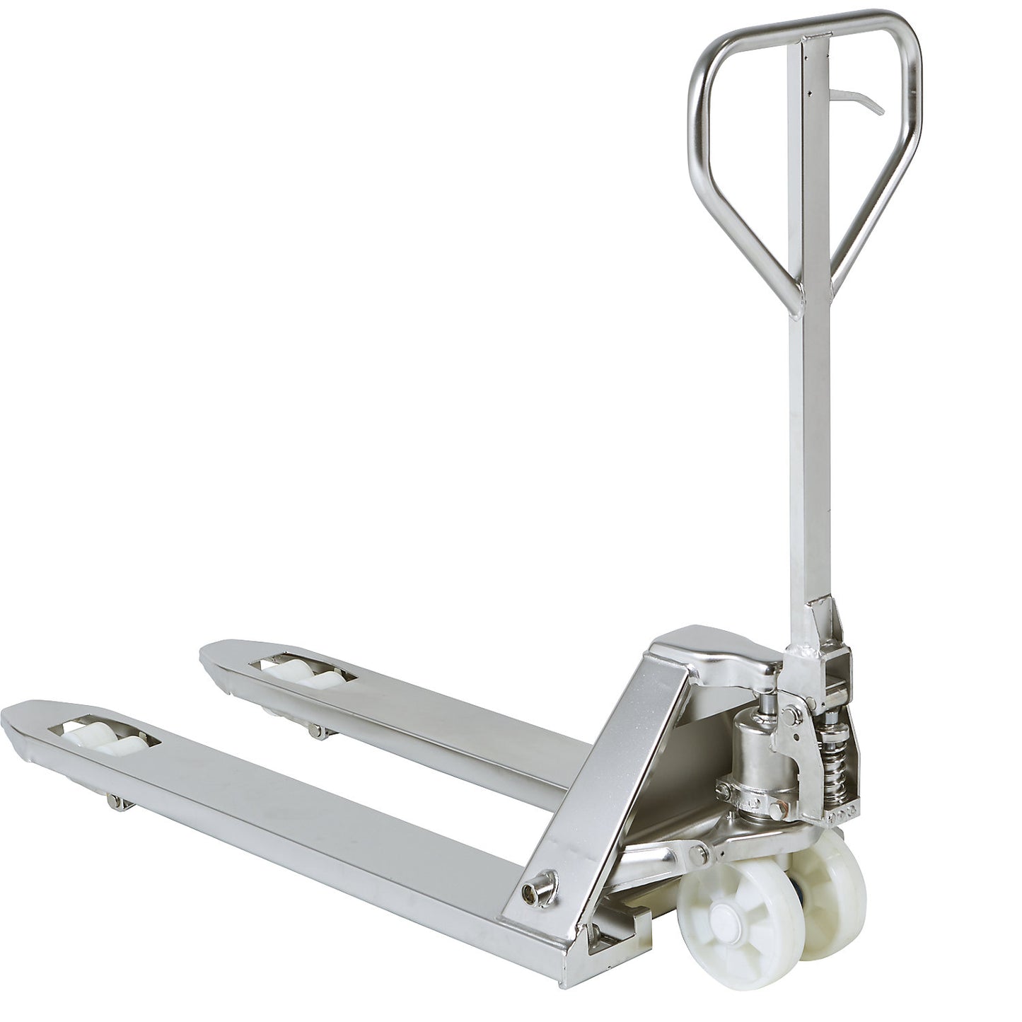 Stainless steel pallet truck, tandem fork roller, 1+ items.