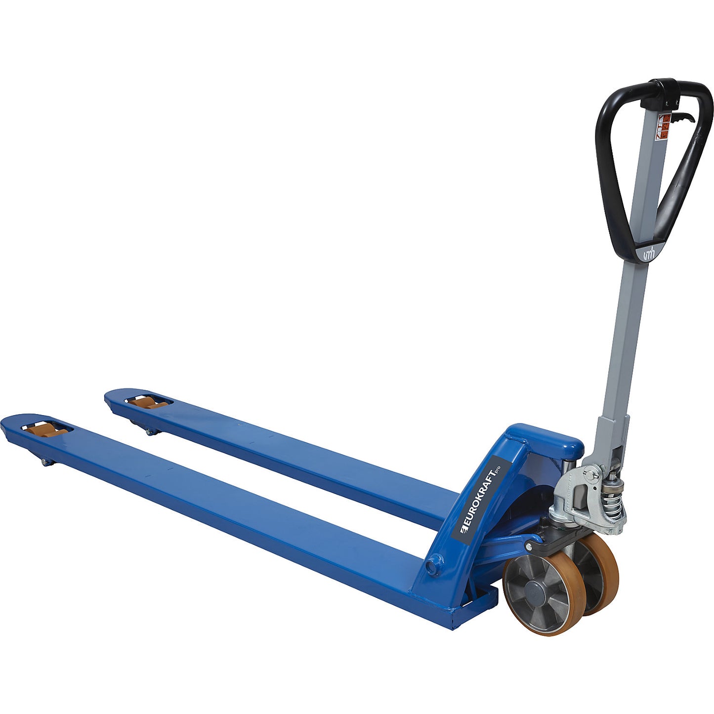 Pallet truck, extra long, base clearance 85 mm, fork length 1800 mm.