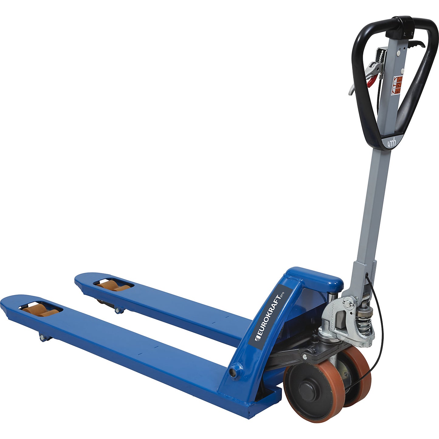 Pallet truck, polyurethane castors, with driving and parking brake, fork length 1150 mm.