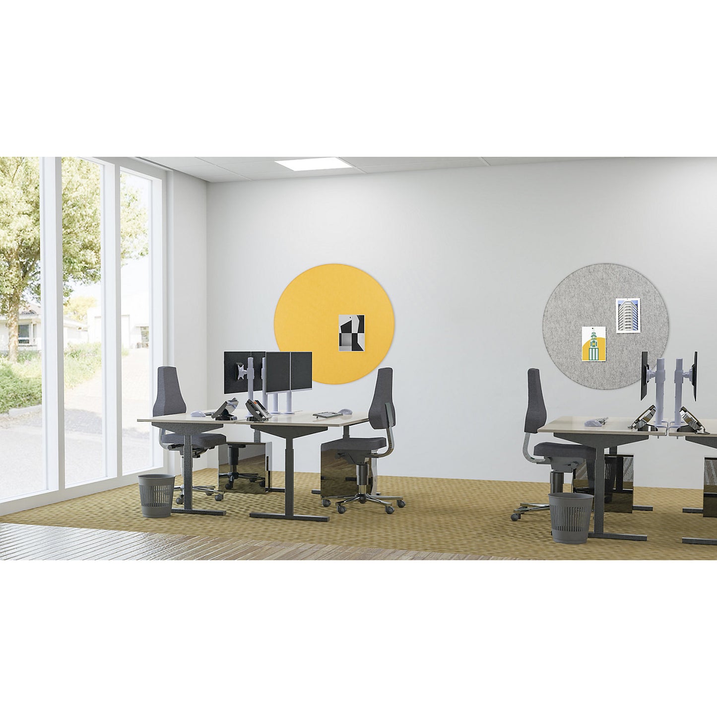 Acoustic ceiling panel, PET felt, Ø 1200 mm, round shape, light grey.