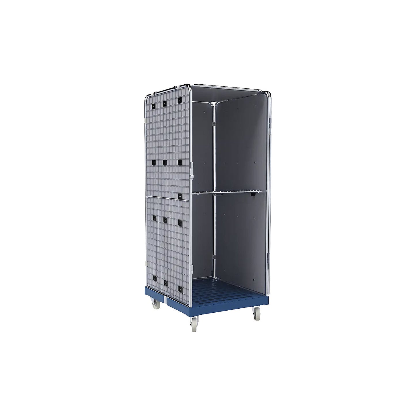 Anti-theft roll container, non-transparent, blue, with folding intermediate shelf.