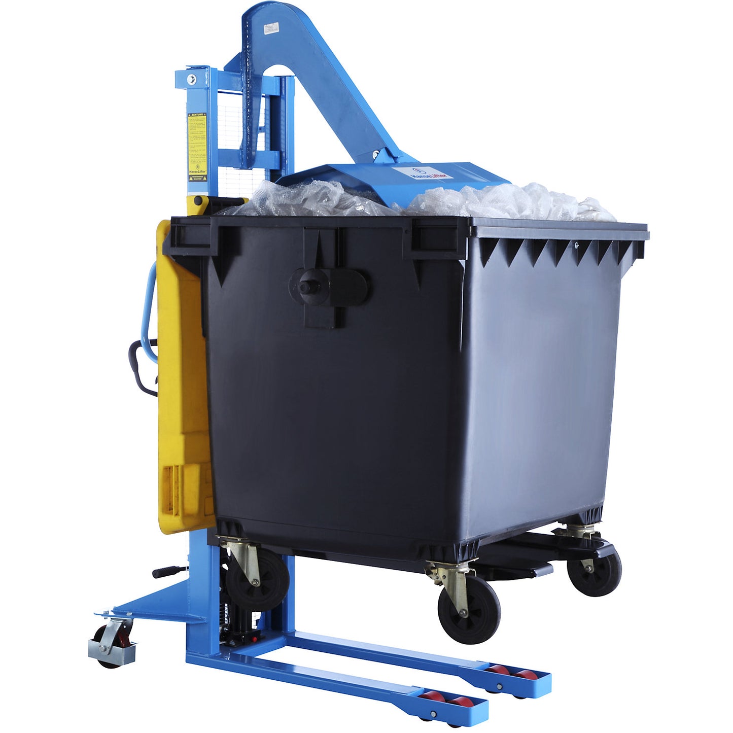 High lift stacker with waste compactor, for 800 and 1100 l waste containers, lifting range 90 - 1600 mm.