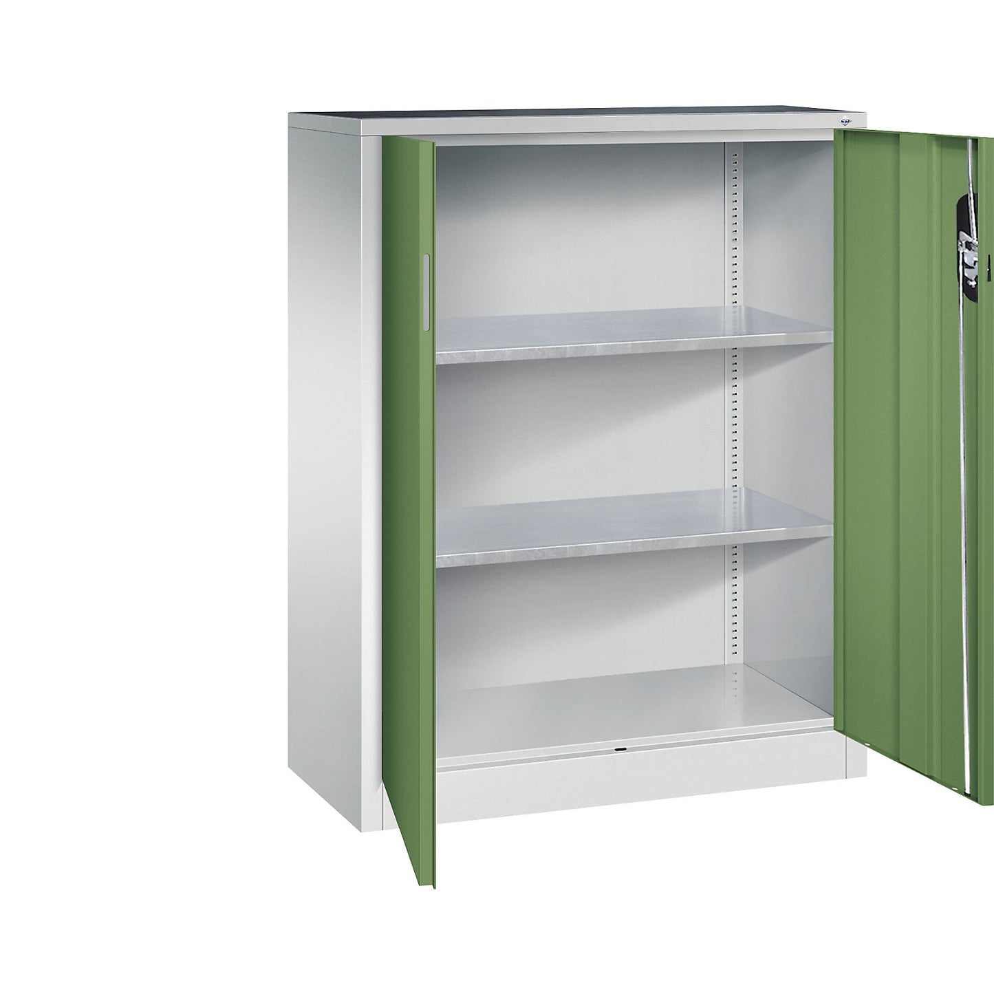 Workshop side cupboard with hinged doors, HxWxD 1200 x 930 x 400 mm, light grey / reseda green.
