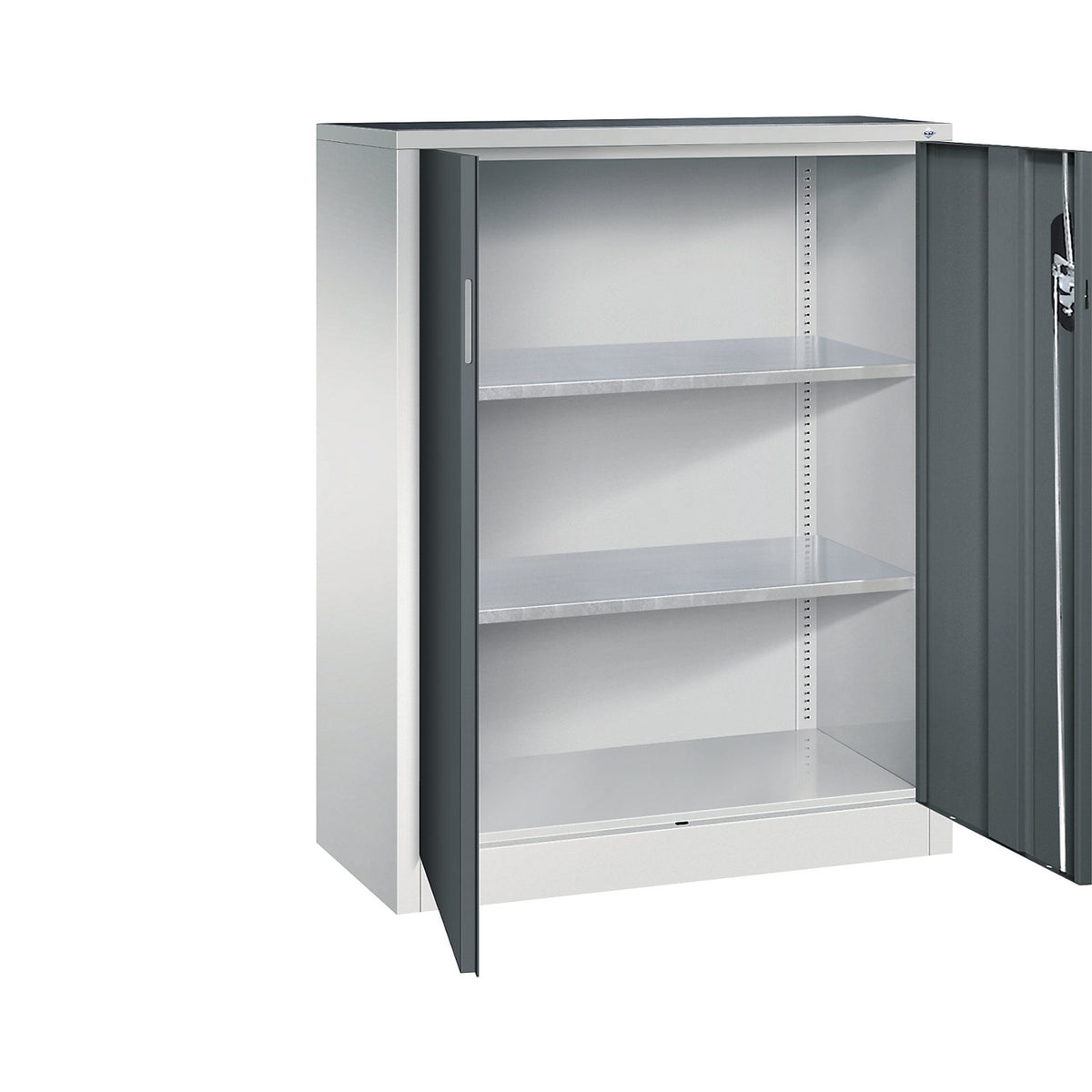 Workshop side cupboard with hinged doors, HxWxD 1200 x 930 x 400 mm, light grey / charcoal.
