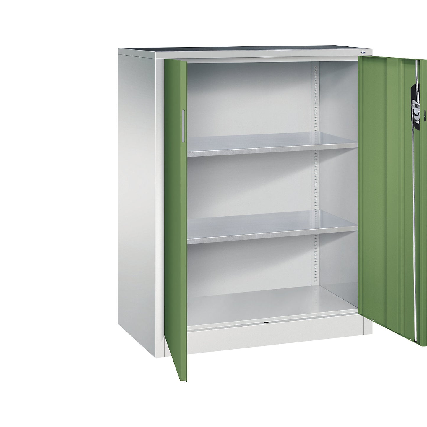 Workshop side cupboard with hinged doors, HxWxD 1200 x 930 x 500 mm, light grey / reseda green.