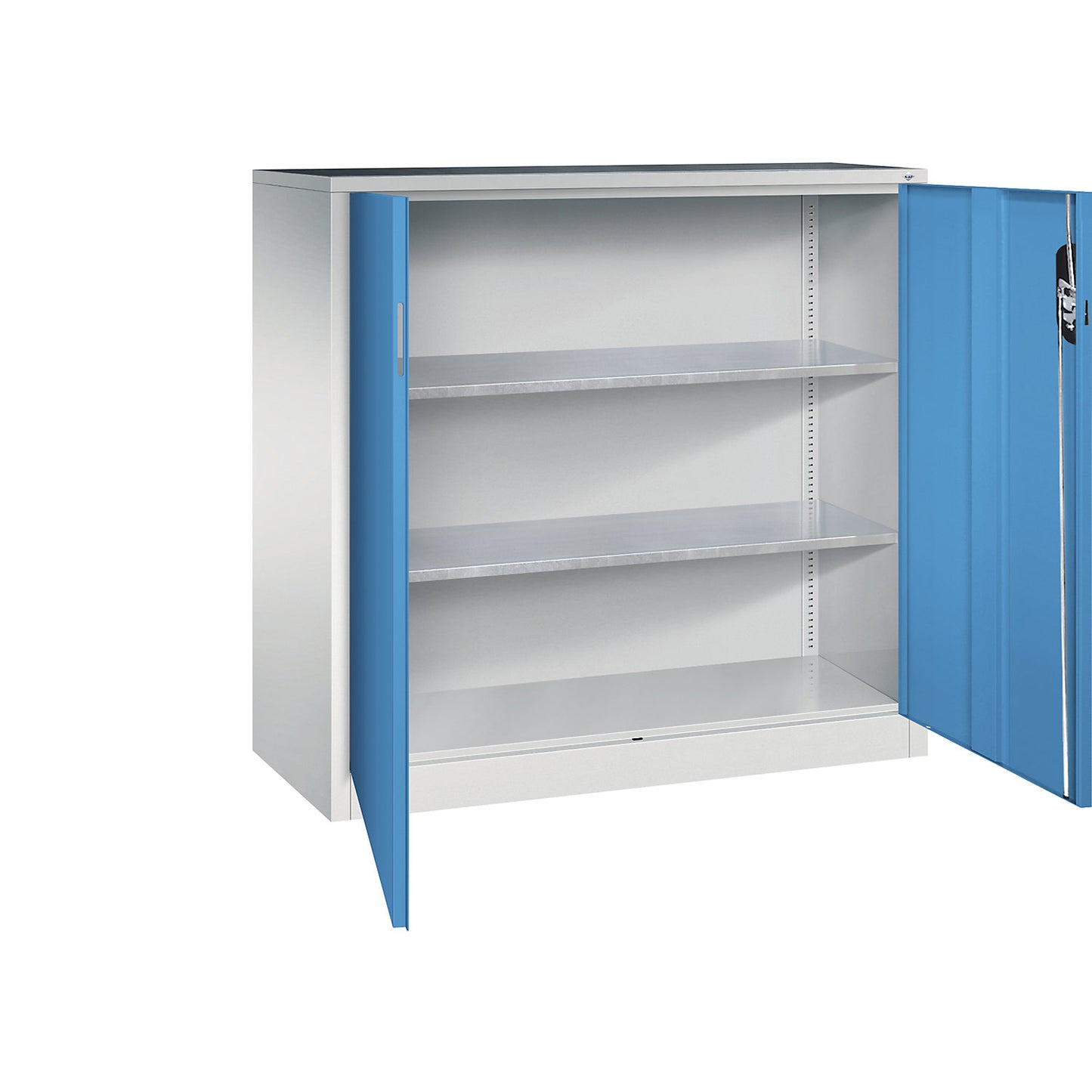 Workshop side cupboard with hinged doors, HxWxD 1200 x 1200 x 500 mm, light grey / light blue.