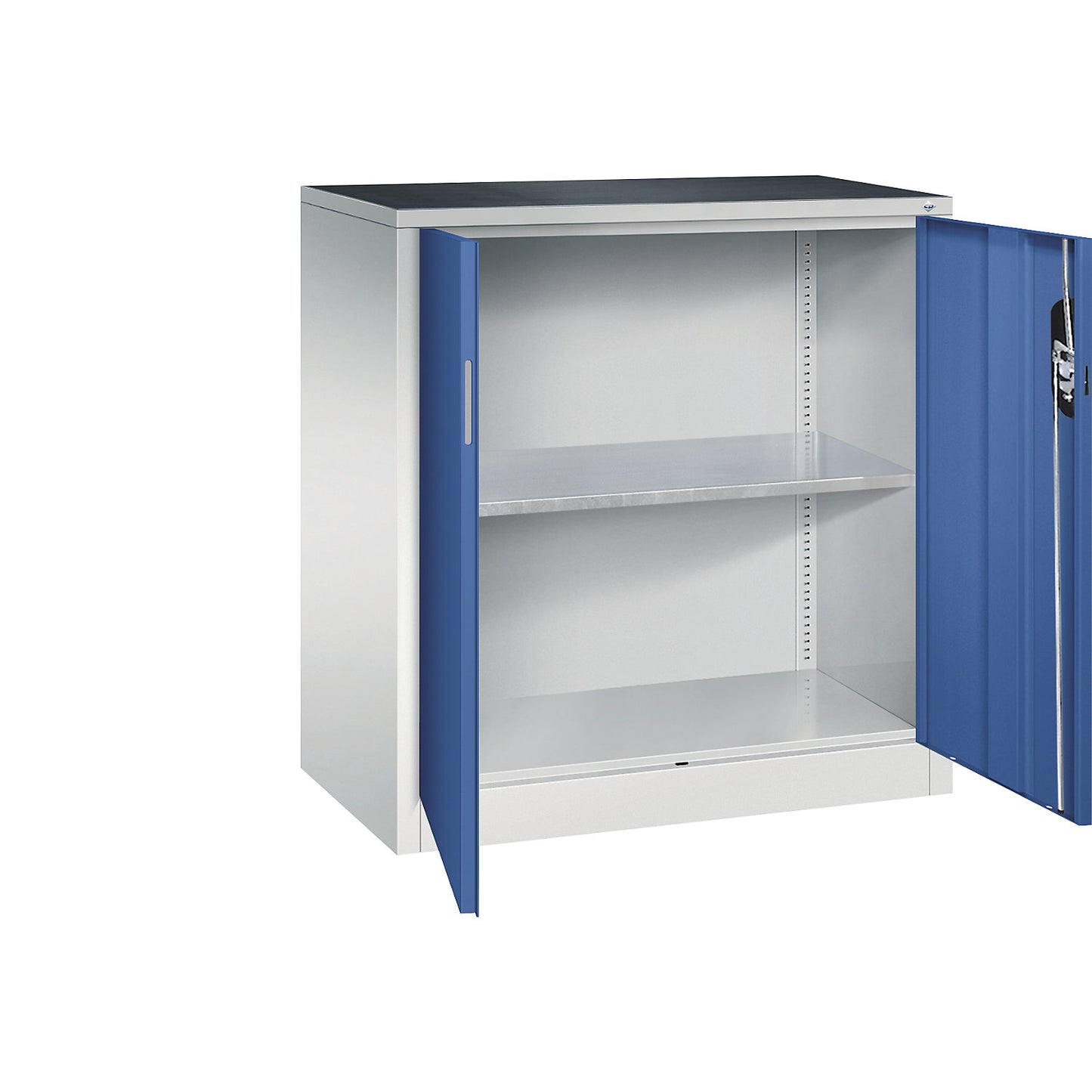 Workshop side cupboard with hinged doors, width x depth 930 x 500 mm, light grey / gentian blue.