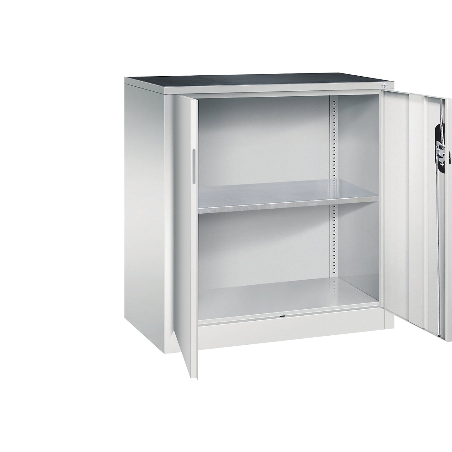 Workshop side cupboard with hinged doors, width x depth 930 x 500 mm, light grey / light grey.