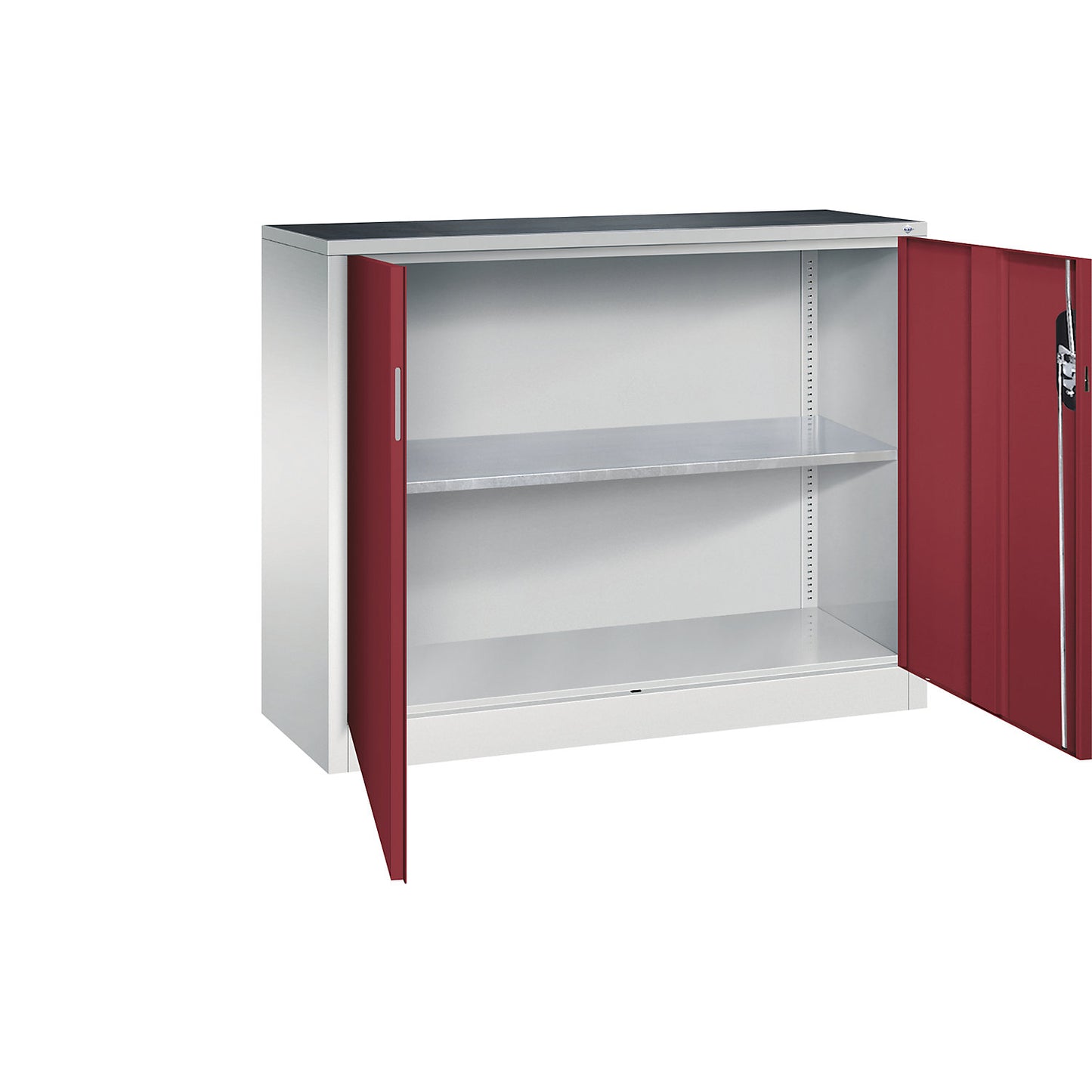 Workshop side cupboard with hinged doors, width x depth 1200 x 400 mm, light grey / ruby red.