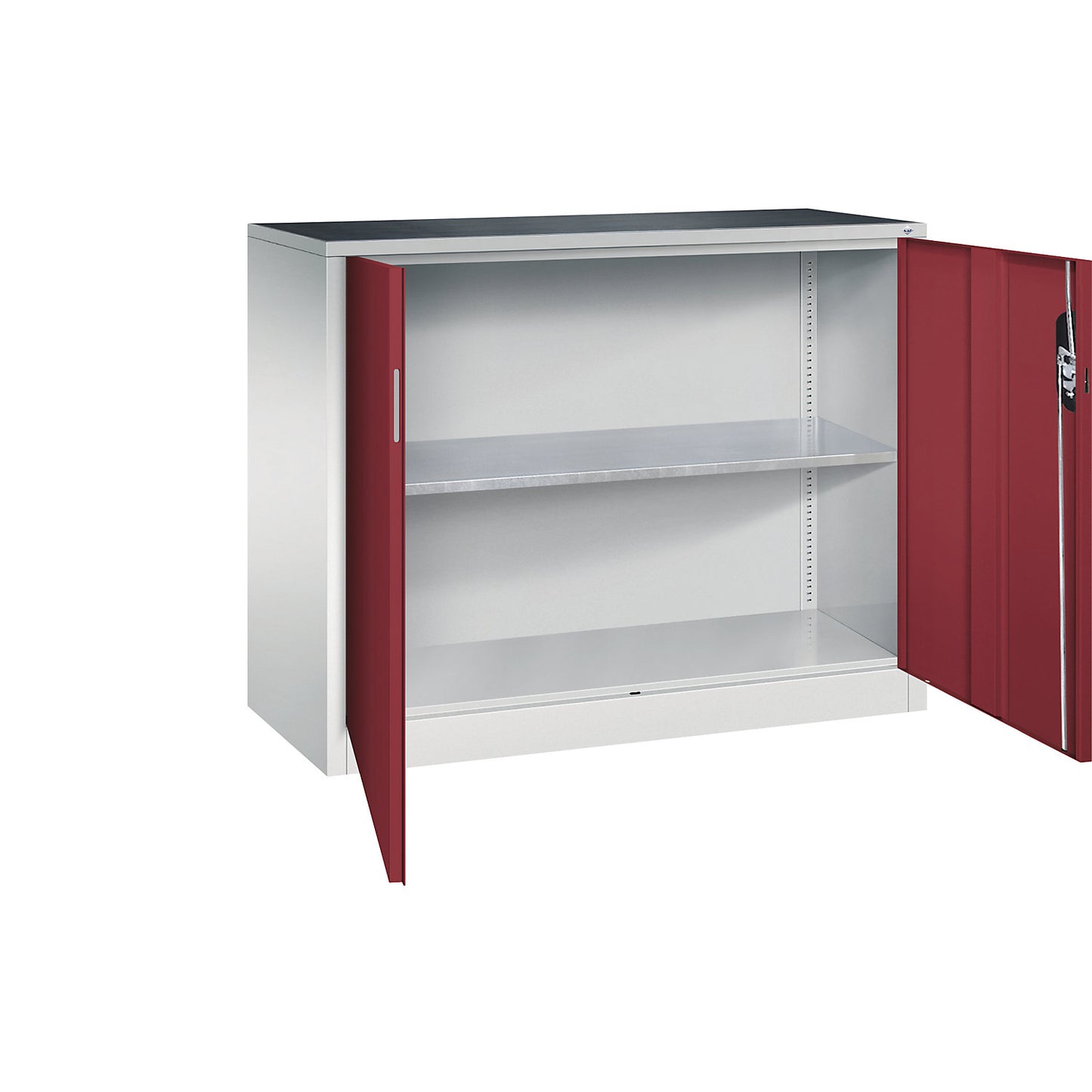 Workshop side cupboard with hinged doors, width x depth 1200 x 500 mm, light grey / ruby red.