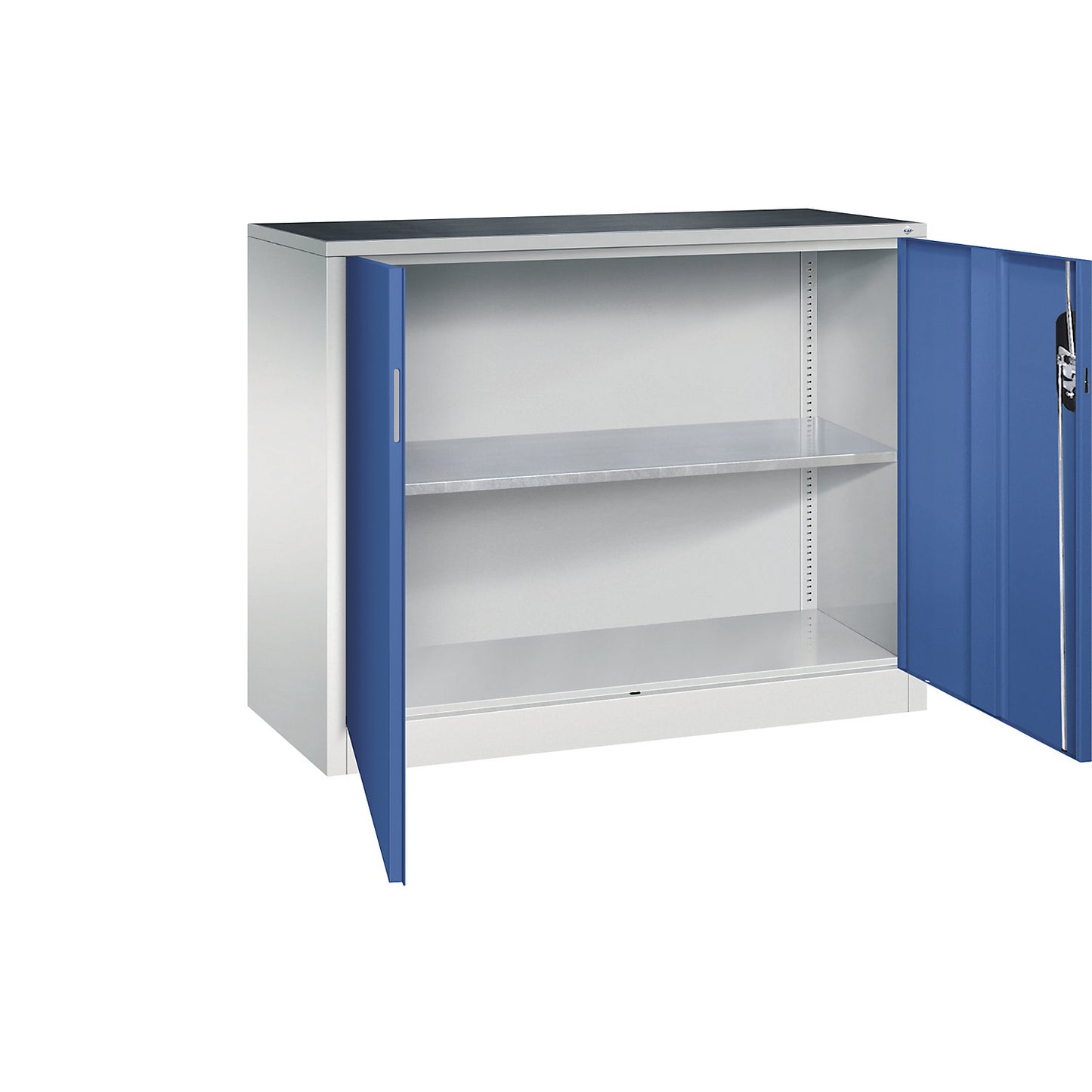 Workshop side cupboard with hinged doors, width x depth 1200 x 500 mm, light grey / gentian blue.
